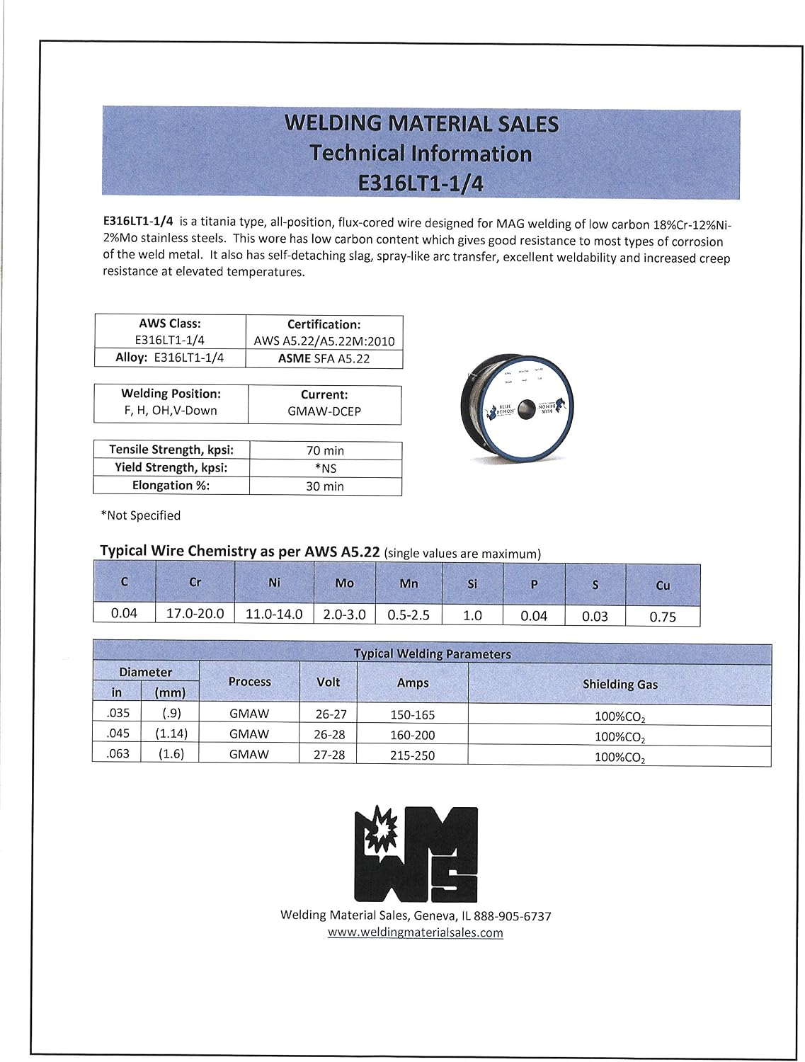Blue Demon 316LT1/4 X .045 X 33LB Spool stainless steel flux core gas shielded welding wire