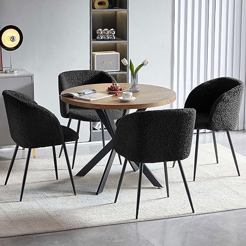 Miniatura 6 de NORDICANA Juego de 2 sillas de acento, sillas de comedor de sherpa difuso con respaldo de barril, sillones tapizados de piel sintética con patas de