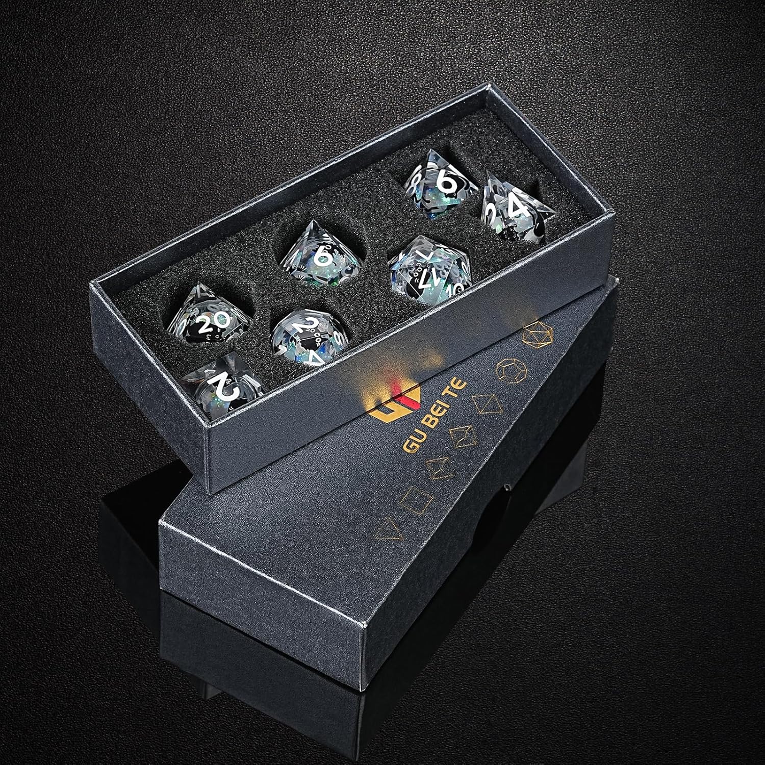GU EI TE Liquid Core Resin DND Dice,Cat Style Polyhedral Dice 7-Die Set Quicksand Handmade for RPG MTG Table Games