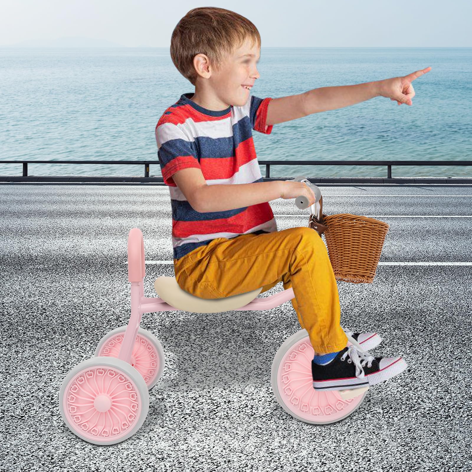 Retro Kids Tricycles for Age 2-6, Toddler Bicycle with Training Wheels and Imitation Rattan Woven Basket, Kids Bike for Cycling Early Education, Load 66.14Lbs (Pink)