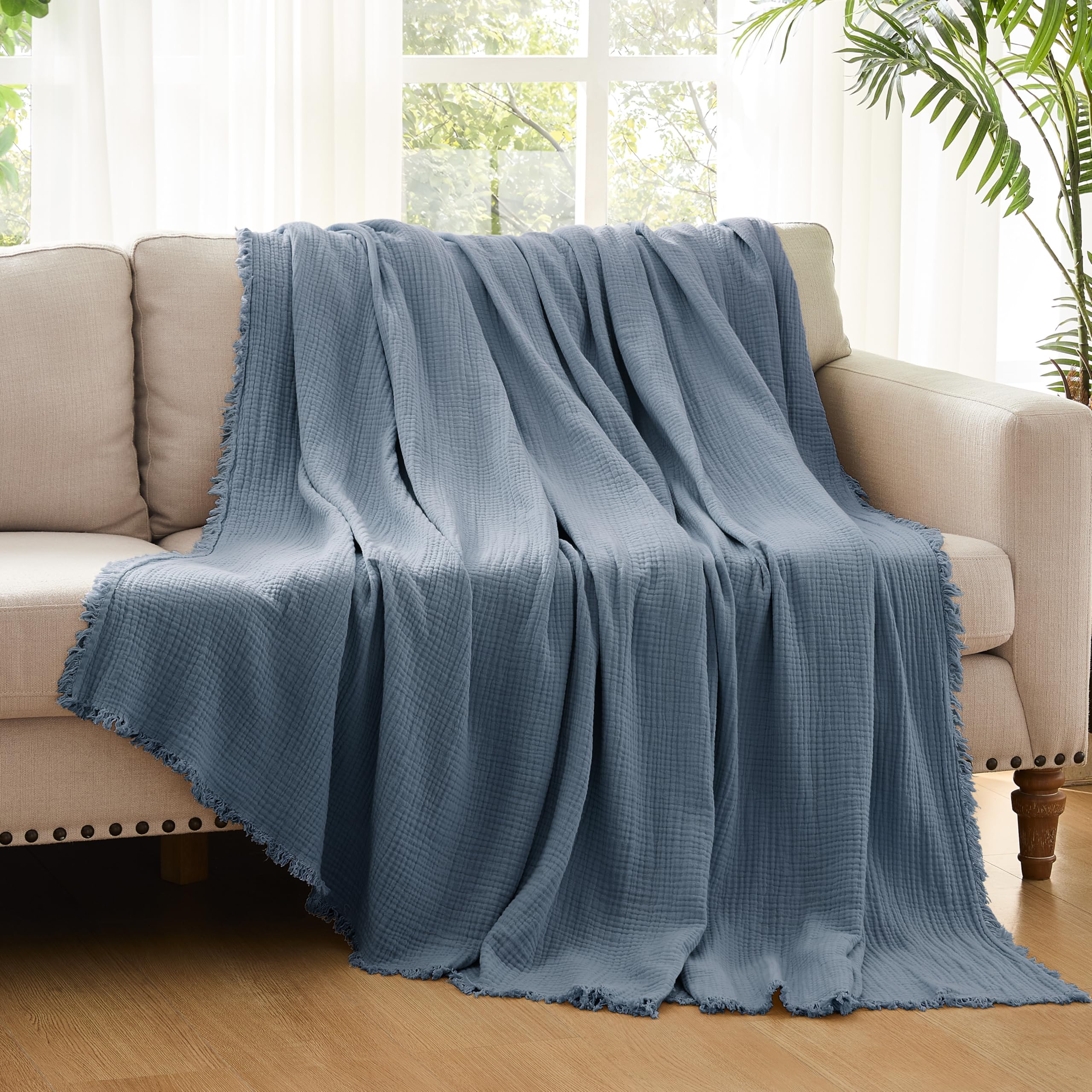 R.SHARE Coperta Mussole 100% Cotone per Adulti 130x150cm Coperta Cotone 4 Strati con Frange Traspirante Morbida Copriletto Estivo Matrimoniale Copridivano, Blu
