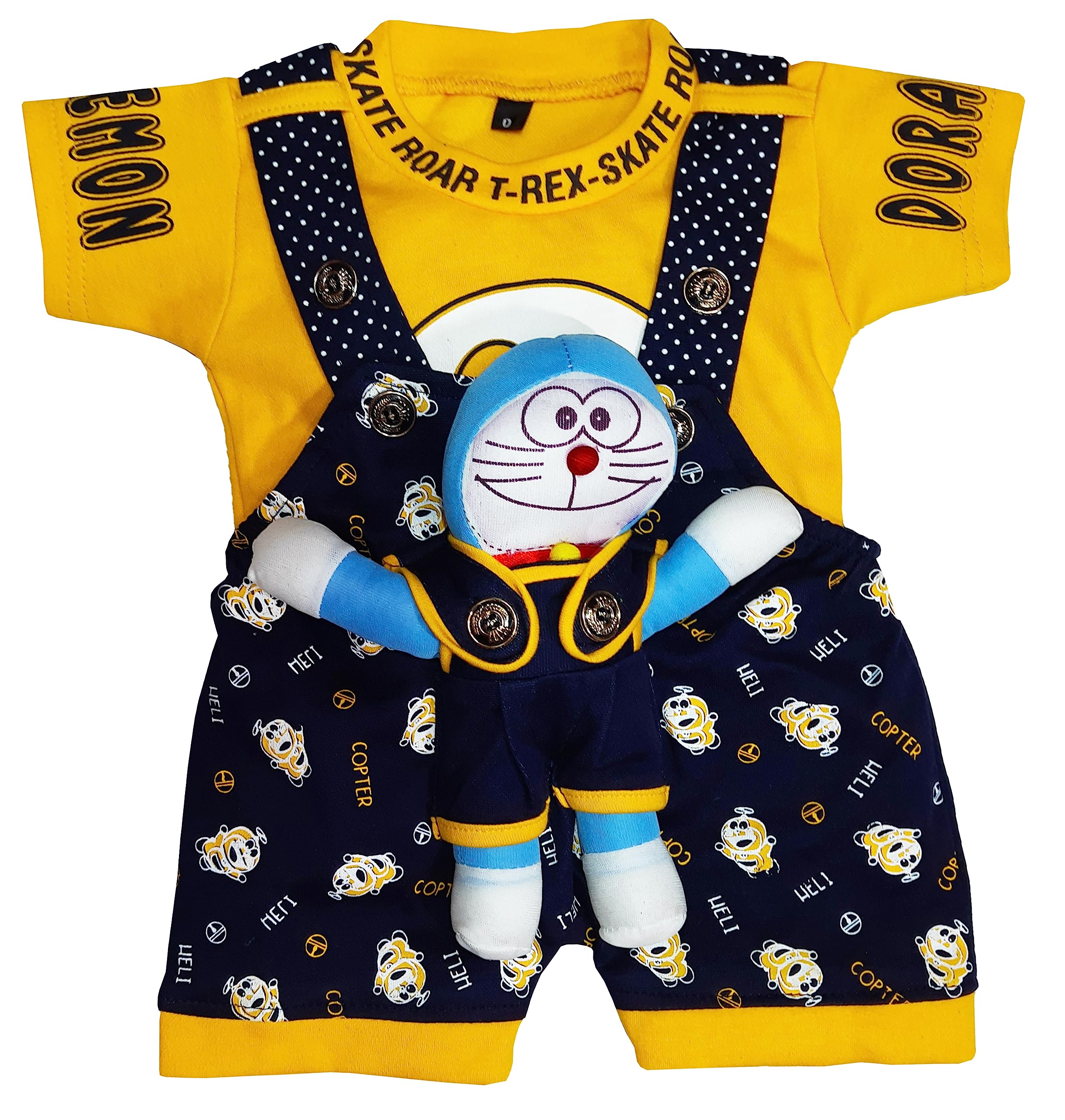 little PANDABaby Cotton Dress Printed Dungaree and T-shirt Unisex Clothing Set with Teddy Toy for kid's, 0-6 months