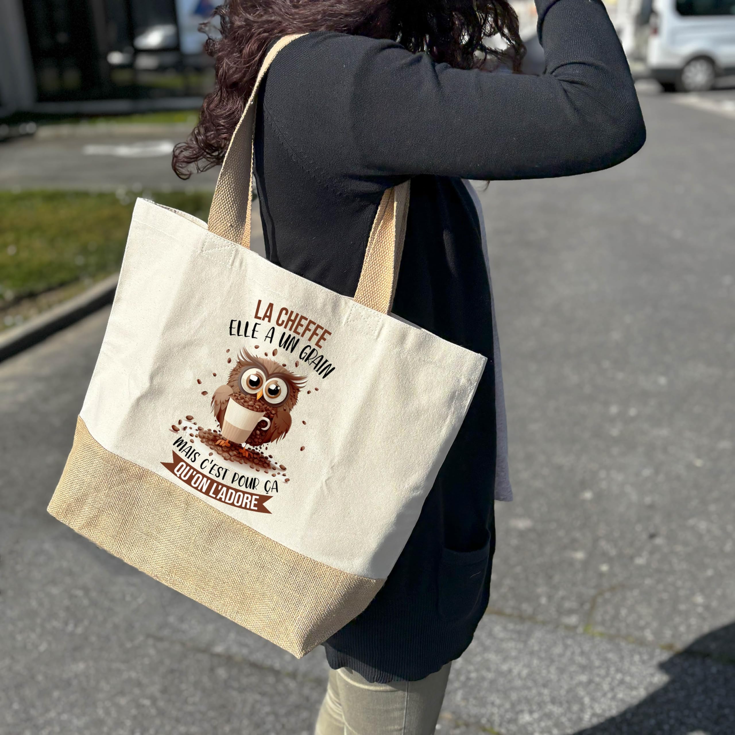 Bolso La Cheffe Búho de grano | Cabas de playa Carreras Algodón y Yute Idea de regalo para mujer, beige