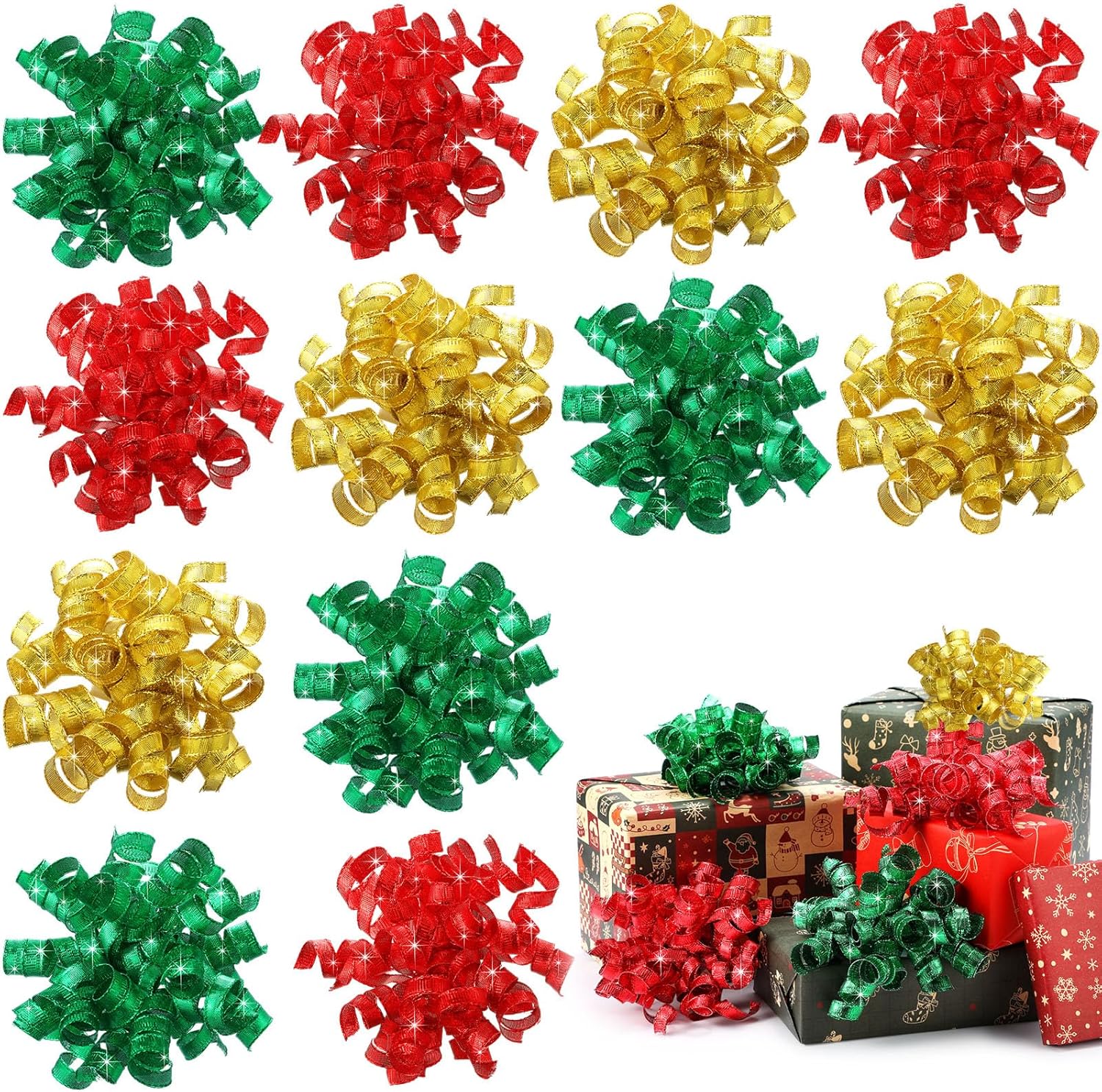 Suncalla 12 Pcs 5.5 Inch Large Christmas Bows for Gift Wrapping Metallic Curly Ribbon Bows Self-Adhesive for Presents Christmas Tree Holiday Party Treat Bags (Red,Gold,Green)