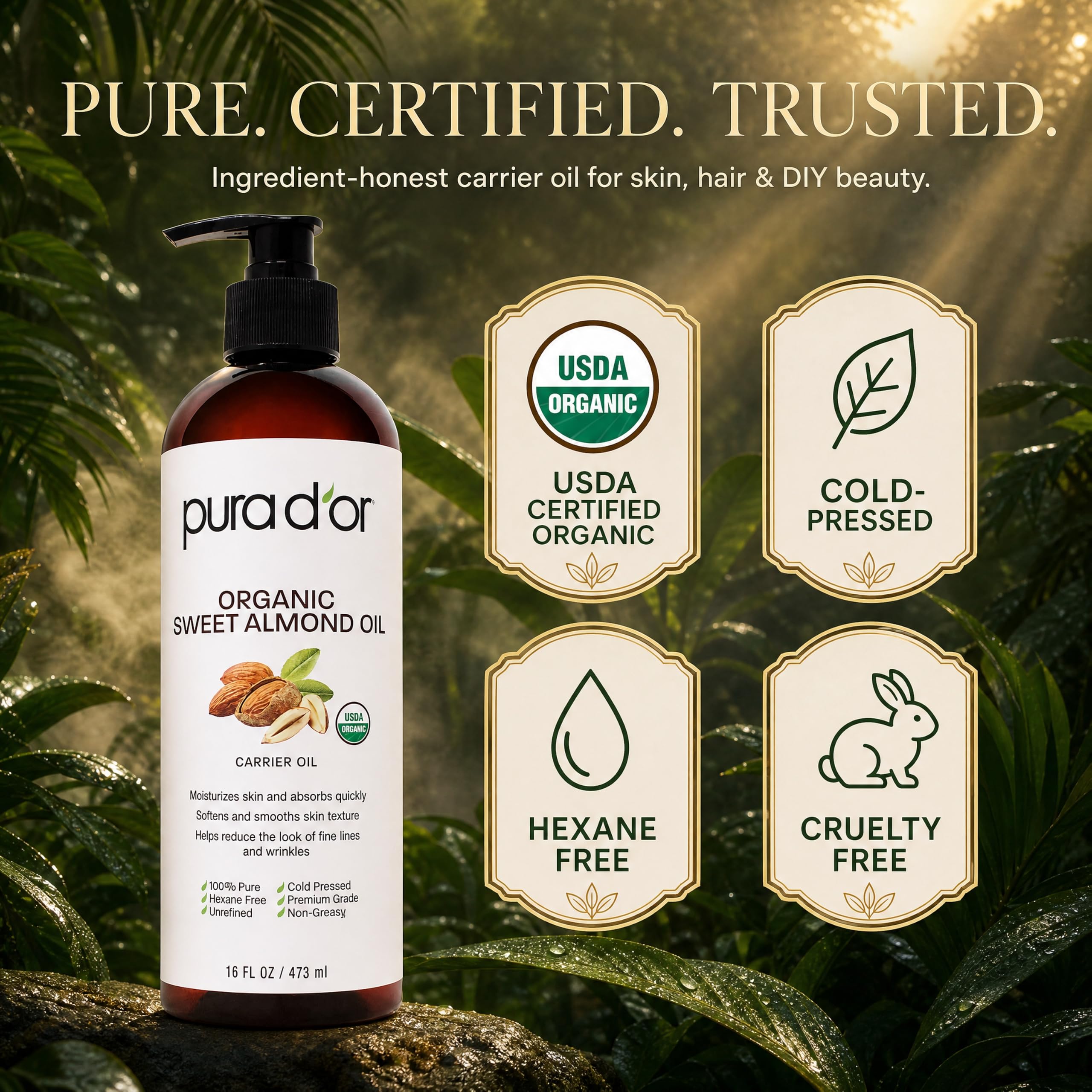 Pura D'Or Olio vettore: olio di mandorle dolci bio (473 mL) Olio organico certificato 100% puro e naturale certificato USDA per pelle e viso