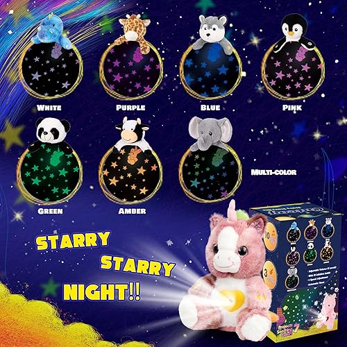Miniatura 5 de Cuteoy Proyector de estrellas de unicornio rosa sucio de felpa, luz nocturna musical, ajustable, animales de peluche, juguetes de peluche
