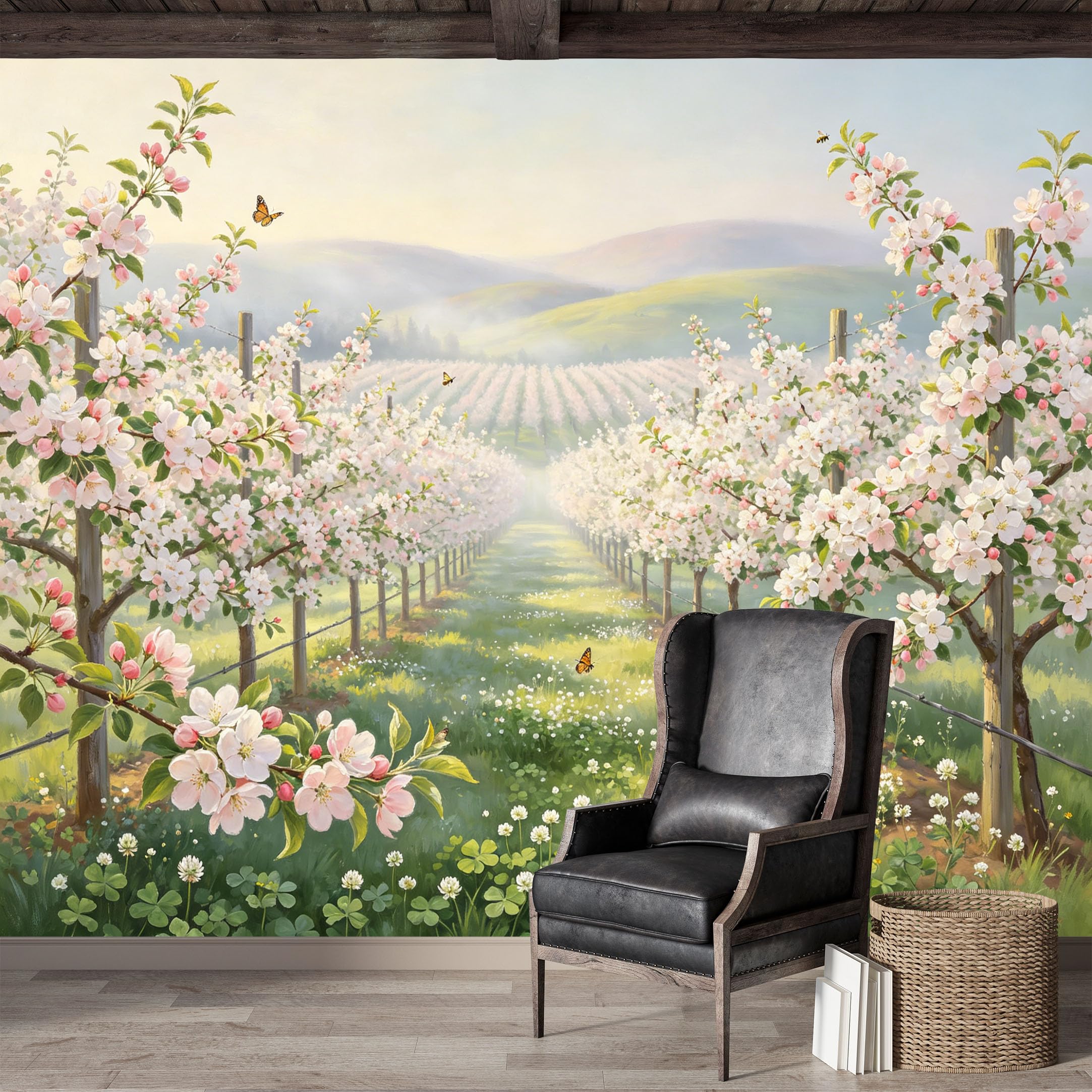 Custom Size Wall Mural,Blooming Orchard Spring Butterflies Landscape Watercolor Premium Water Activated SelfAdhesive Wallpaper,Removable Wall Covering for Indoor Home Decor