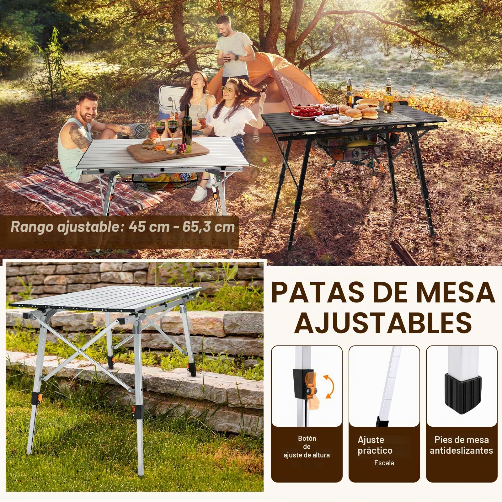 Sportneer Mesa plegable de camping al aire libre, mesa de picnic portátil con altura ajustable, capa de malla, mesa plegable de camping con mesa enrollable de aluminio para campamento, cocina, jardín