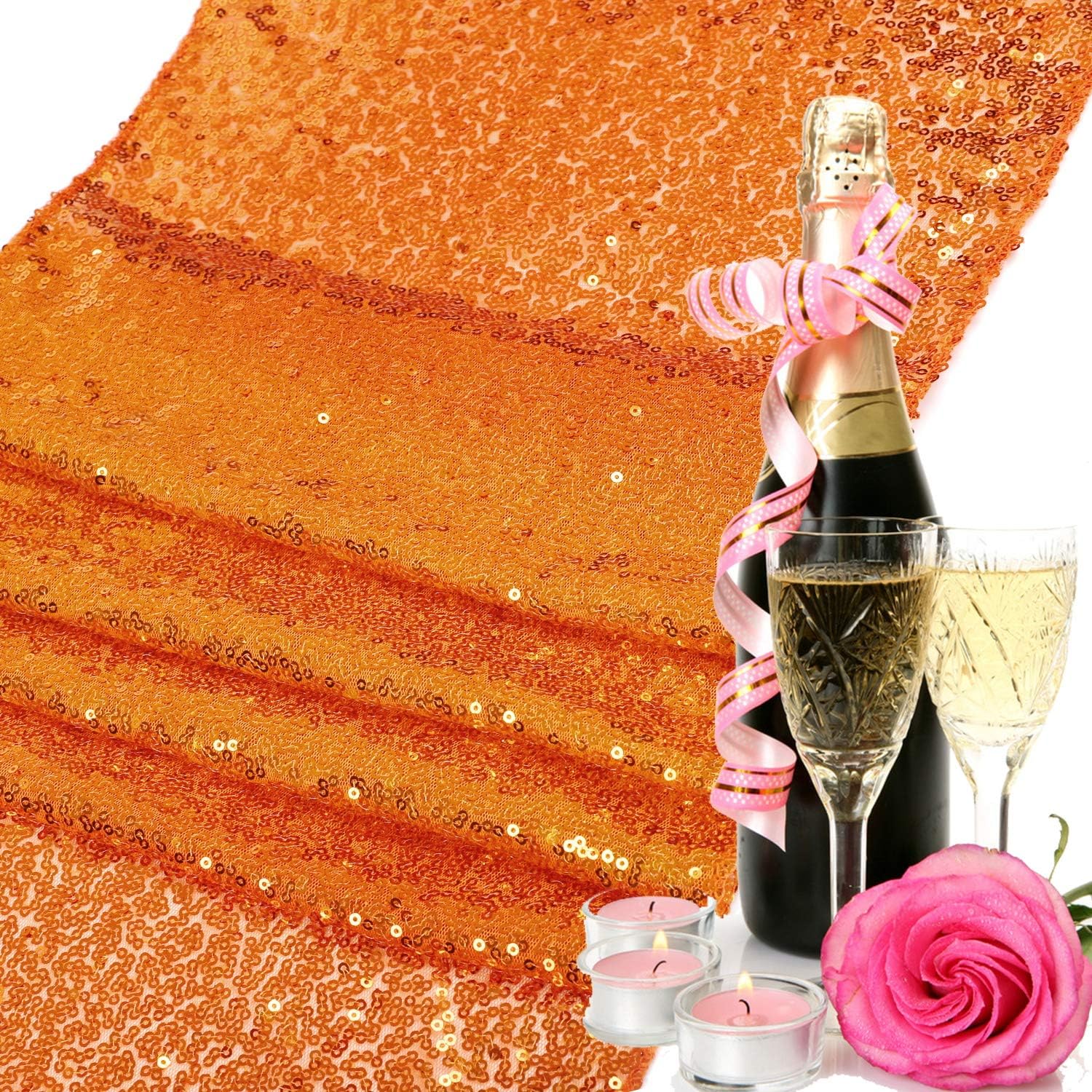 2 Pack 12 x 108 inches Sequin Table Runner for Birthday Wedding Bridal Shower Baby Shower Bachelorette Holiday Celebration Party Decorations Tables Supplies (2, Orange)
