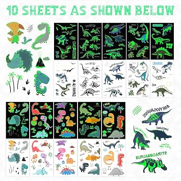 Zonon Glow Dinosaur Temporary Tattoos for Kids Glow in Dark Waterproof Sticker for Boys Luminous Temporary Tattoos for Halloween Dinosaur Theme Birthday Decor Holiday School Party Supplies Movie Gift