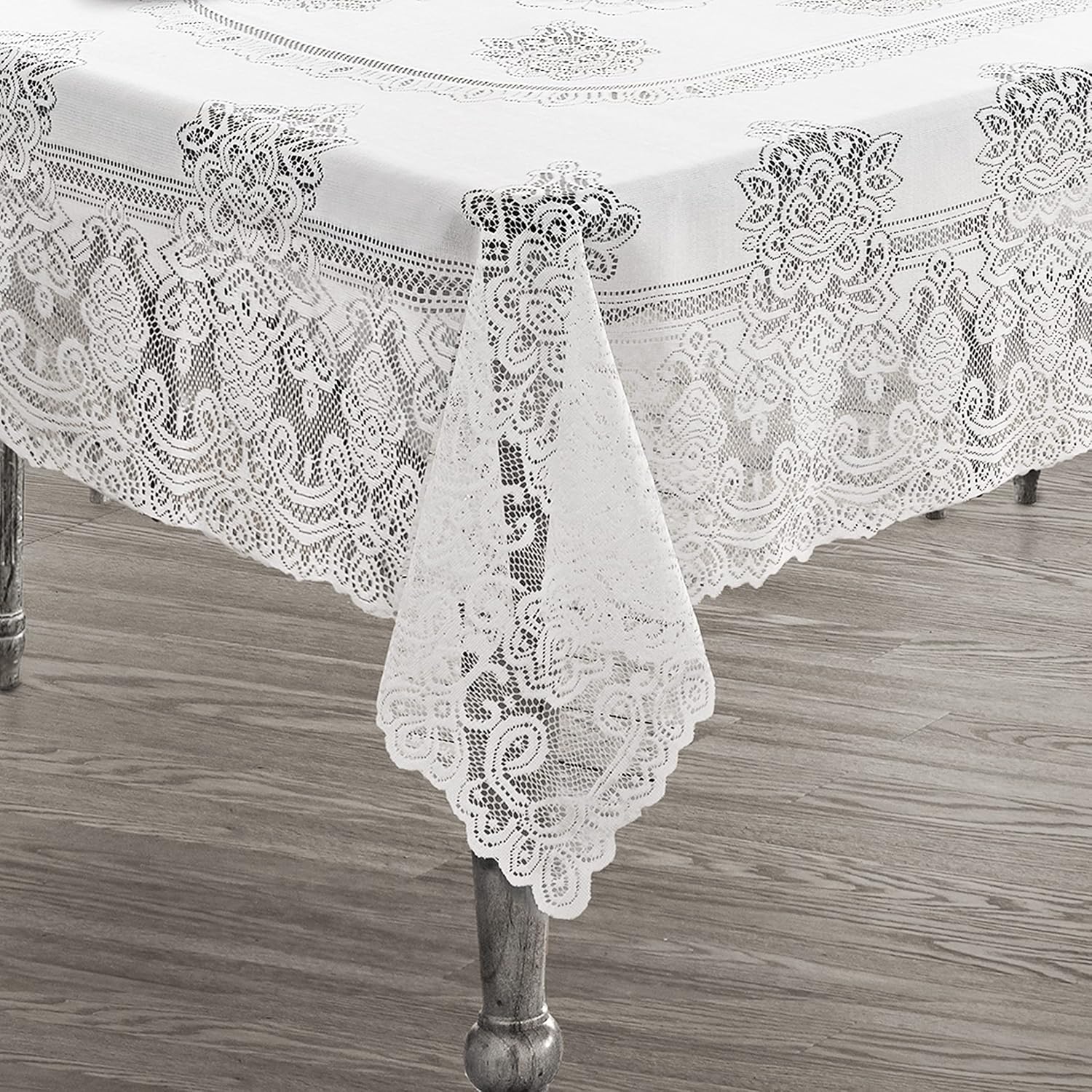 Newbridge Spring Allison Rectangle Lace Tablecloth, 60 x 144 Inch, Heirloom Scalloped Polyester Lace Table Cloth, White