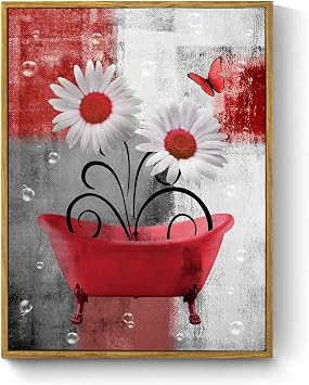 HVEST Red Vintage Floral Wall Art for Bathroom, Rustic Daisy and Butterfly on Abstract Geometric Framed Canvas Wall Art Nature Flower Pictures Wall Decor for Bedroom Living Room, 17L X 12W inches