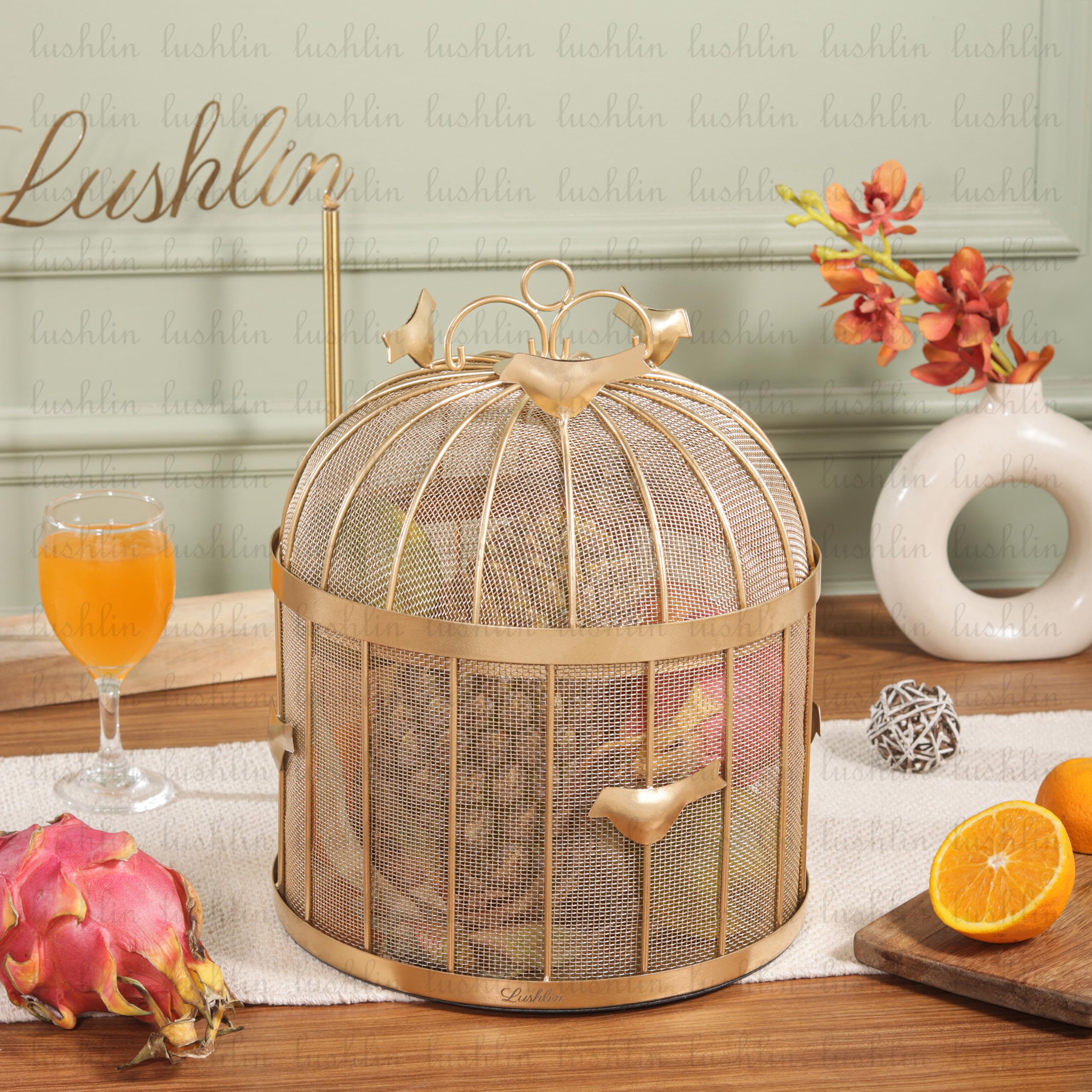 Lushlin THE ORIGINAL Bulbul basket Decorative Bird Cage Fruit Basket with Mesh Cover, Metal Mesh Fruit Basket with Lid – Insect & Dust Resistant | Rust-Free Steel Countertop Fruit Holder for Kitchen