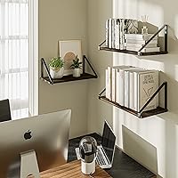 Vista 2 de BAMEOS Estantes flotantes de madera rústica, estantería pequeña para sala de estar, oficina, dormitorio, con soporte de metal