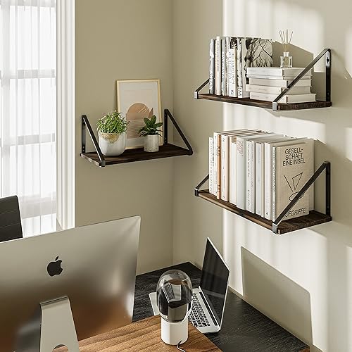 Miniatura 2 de BAMEOS Estantes flotantes de madera rústica, estantería pequeña para sala de estar, oficina, dormitorio, con soporte de metal