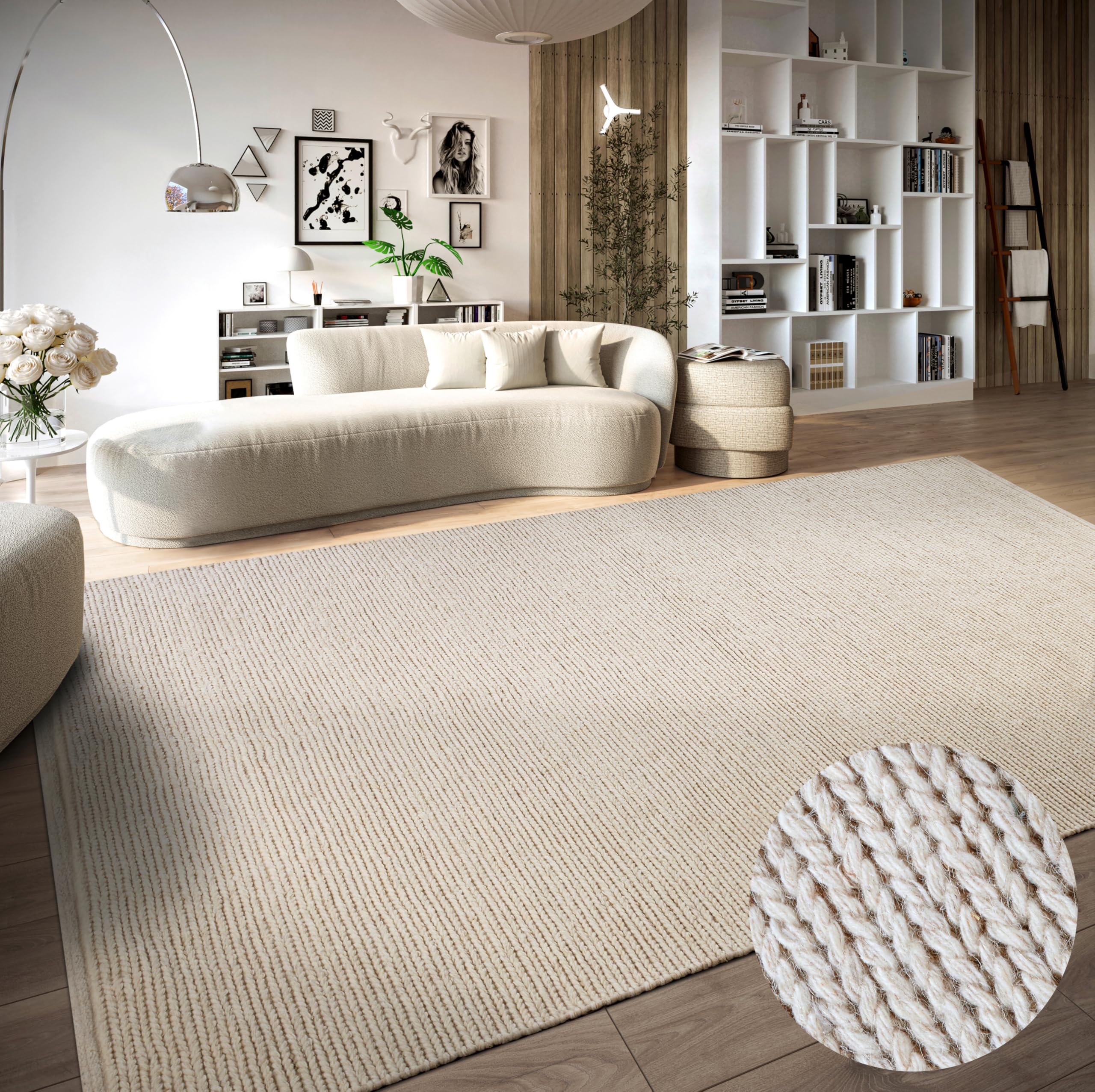 Villeroy & Boch Francois Wool Rug Natural Living Room Rug Hand-Woven & Natural Boho Rug Wool for Living Room Bedroom Dining Room Hallway Kitchen Natural White 80 x 150 cm