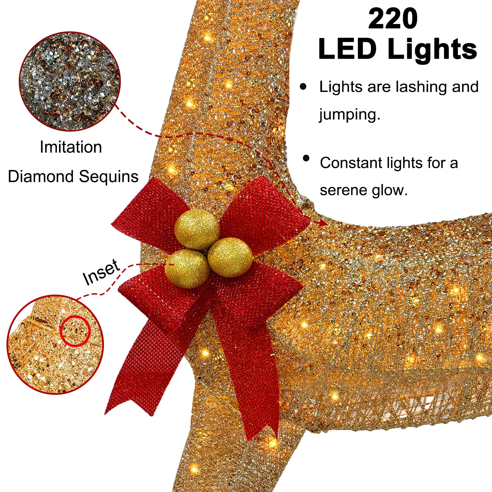 Lot de 3 grandes familles de cerfs de Noël lumineux 3D avec 220 lumières LED, prise - Doré