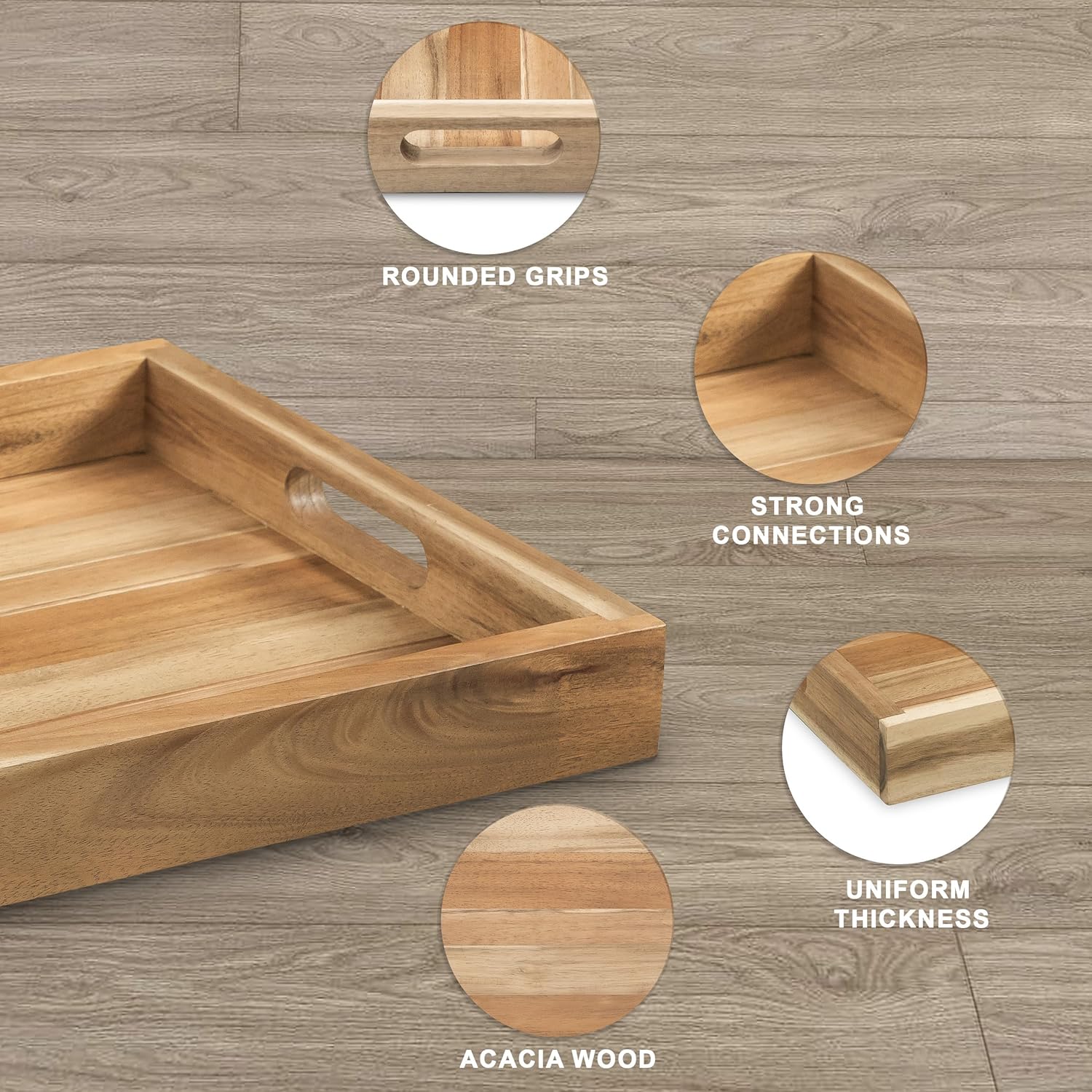 VICTORY RELAX Natural Acacia Wooden Rectangular Serving Tray with Handles, Set of 2 (15"x11" & 13.6"x9.6"), Large Tray for Ottoman, Breakfast in Bed, Dinner, Coffee Table Decor & Kitchen