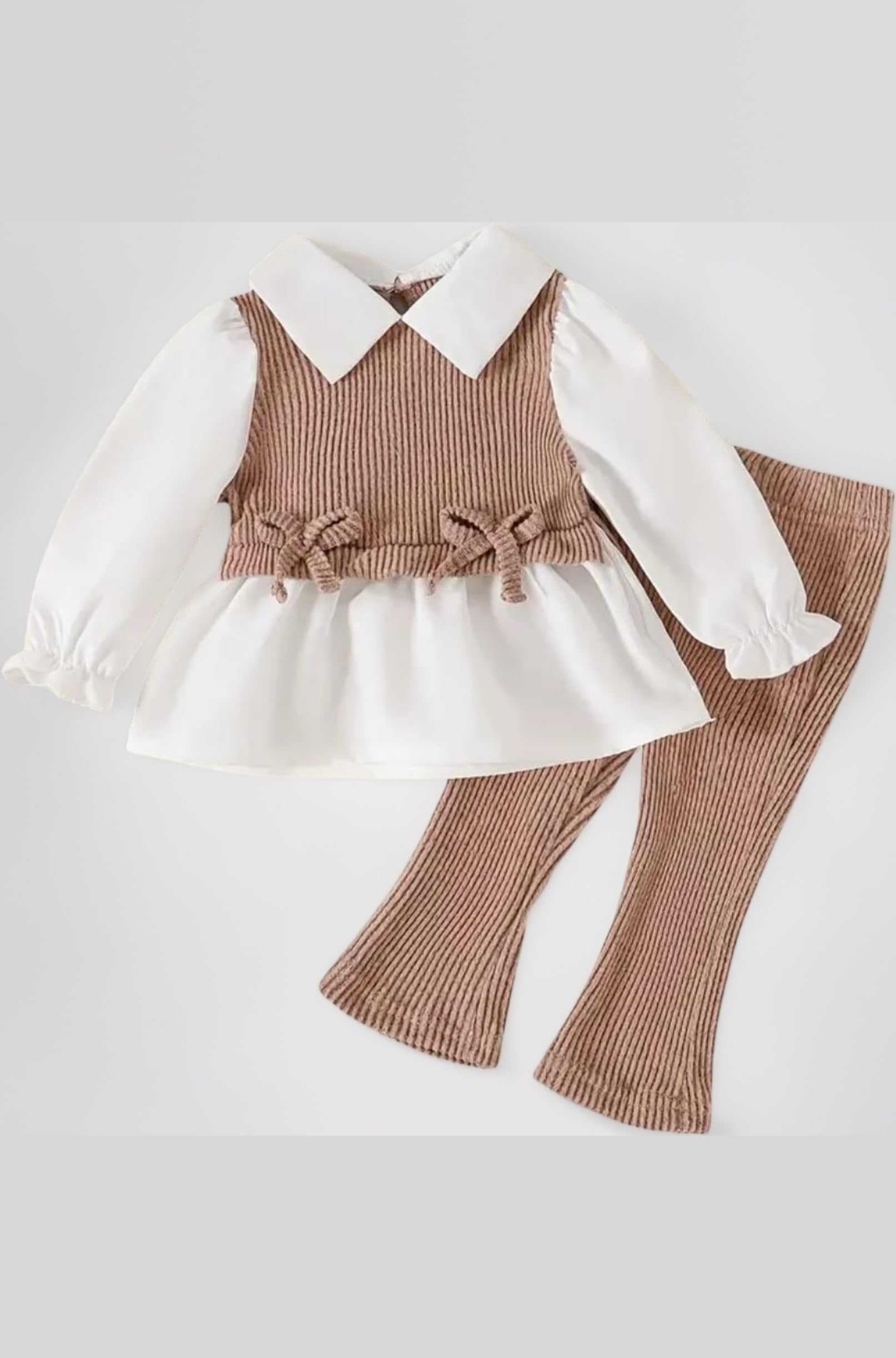 "Ribbed Knit Peplum Top with Peter Pan Collar and Flared Pants – Stylish Casual & Wedding for Toddlers