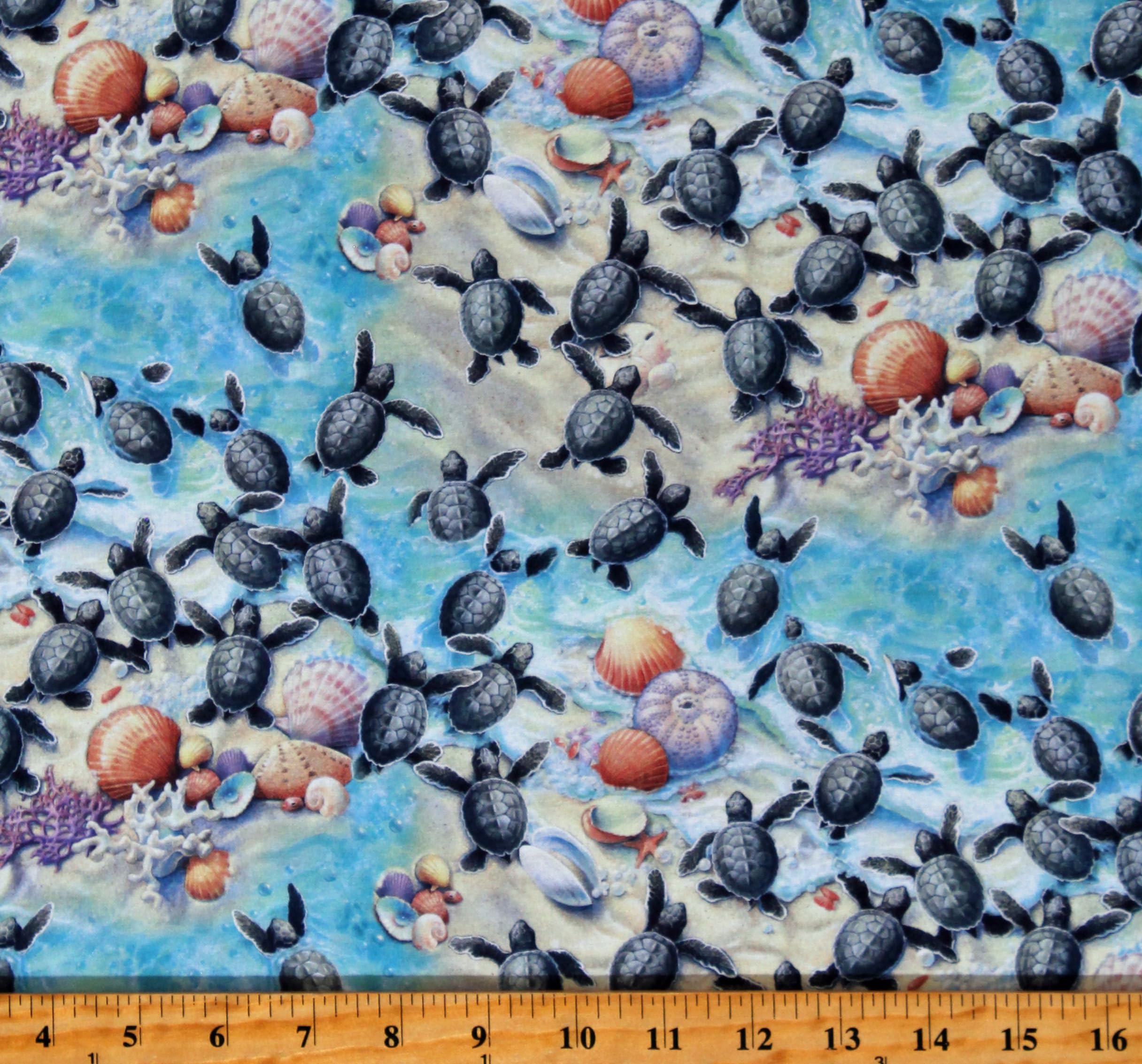 Cotton Baby Sea Turtles Ocean Animals Sea Shells Starfish Water Beach Race to Safety Cotton Fabric Print by The Yard (1609MULTI)