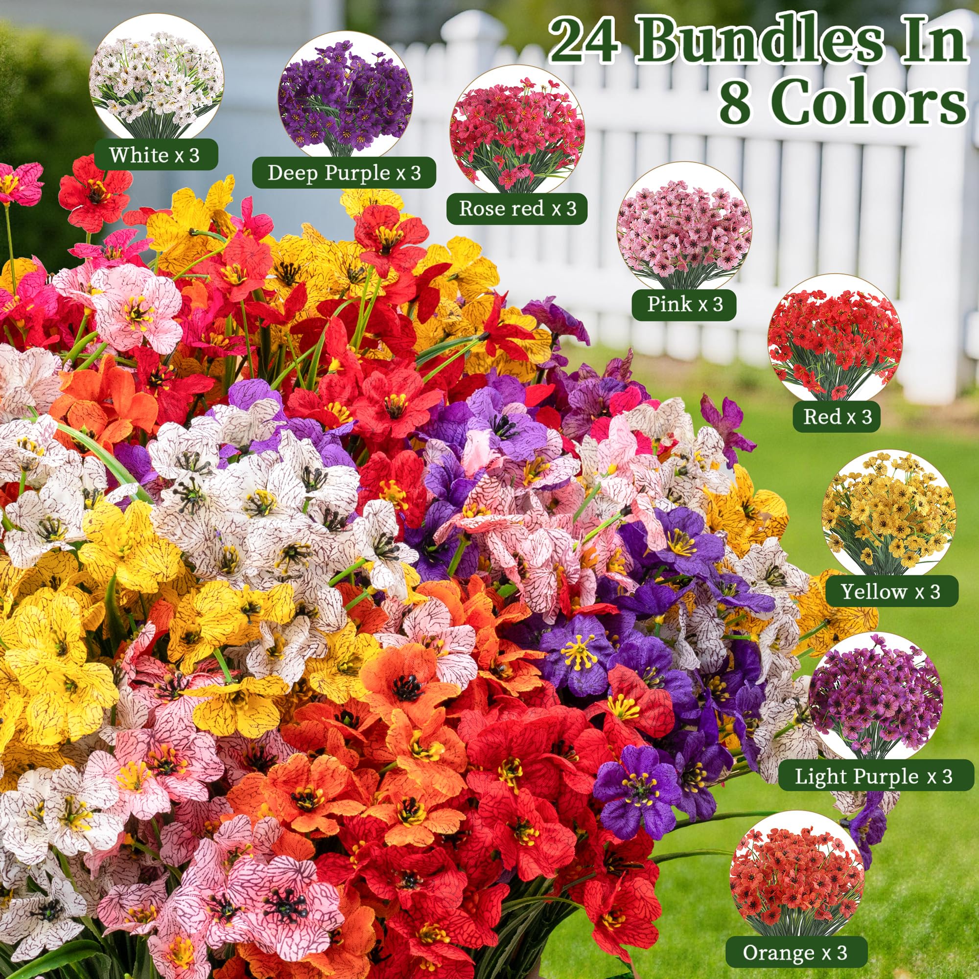 Künstliche Blumen für drinnen und draußen, für drinnen und draußen, Garten, Veranda, Fensterkasten, Zuhause, Hochzeit, Bauernhaus, 24 Bündel (8 Farben)