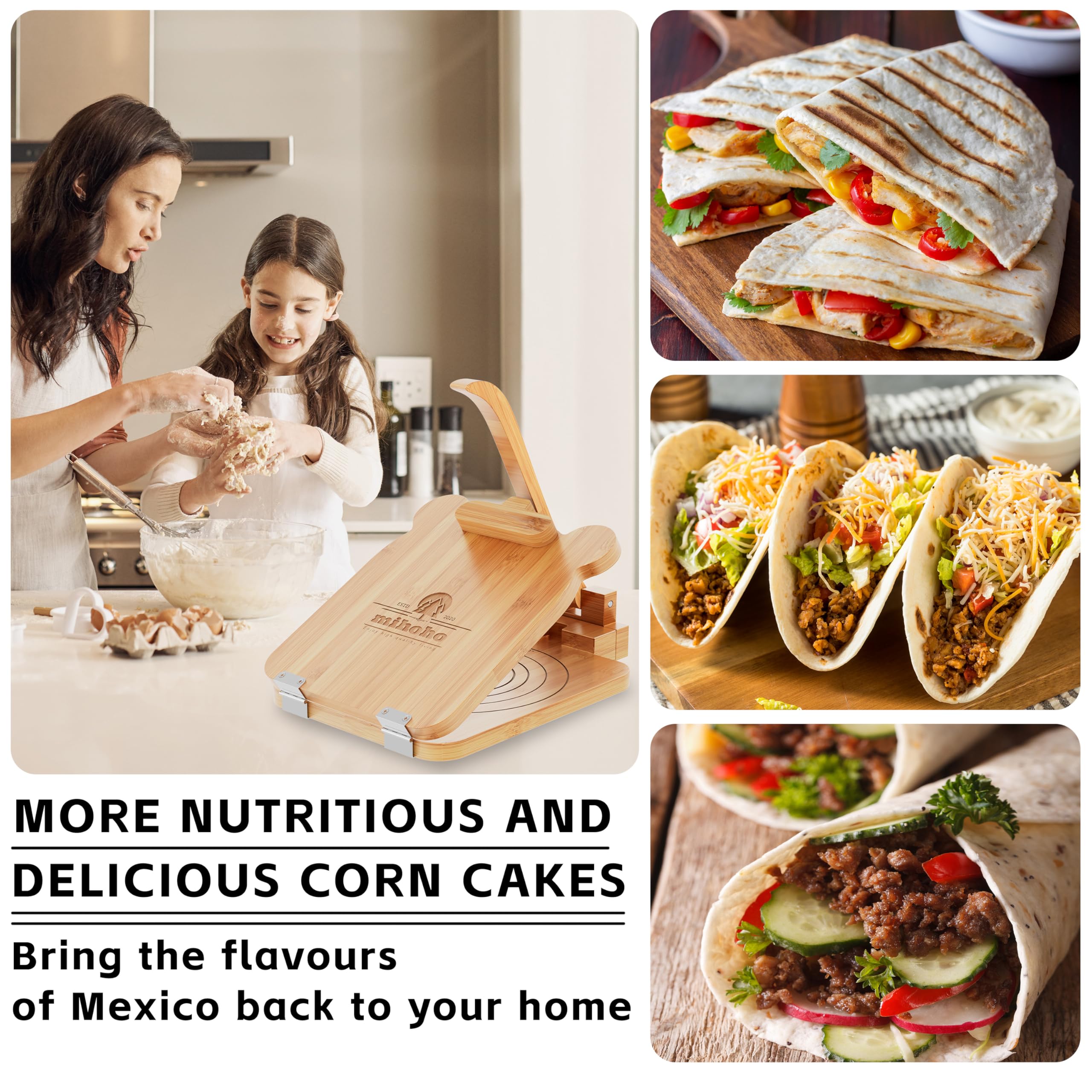 Presse à tortilla en bambou de 25,4 cm, presse à tortillera mexicaine faite maison pour tortillas mexicaines roti burrito, taco, pataconera (bois)