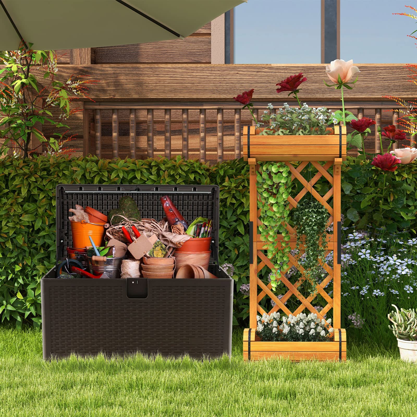 GIANTEX Cassapanca Per Esterni in Metallo e PE Rattan, Contenitore Impermeabile da 276 L, con Chiusura a Chiave, 114 x 54 x 56 cm, Marrone