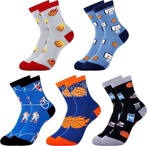 Belloxis Calcetines deportivos divertidos de 5 piezas, diseño multideportivo (baloncesto, béisbol, fútbol, hockey), calcetines deportivos para niños