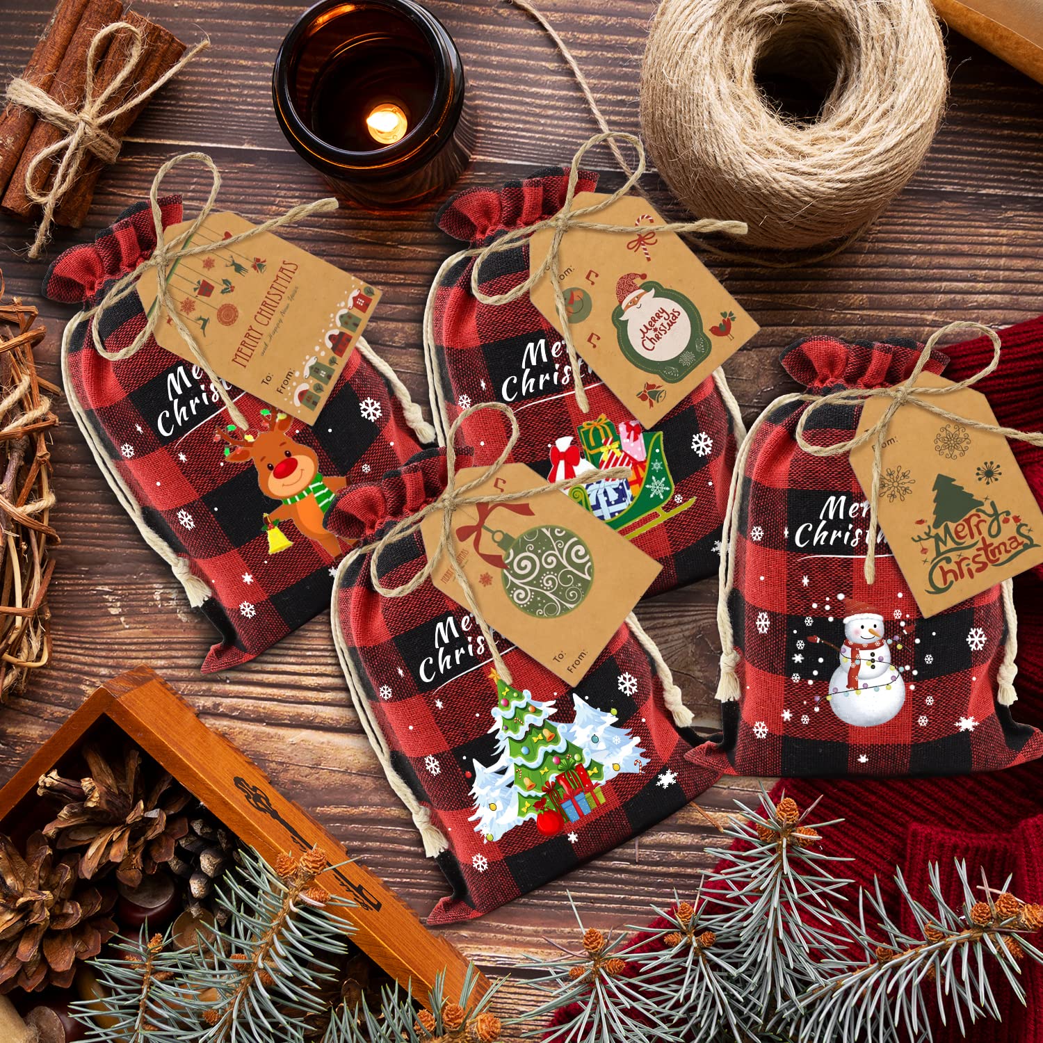 Aviski 120Pcs Cotton Christmas Drawstring Bags Buffalo