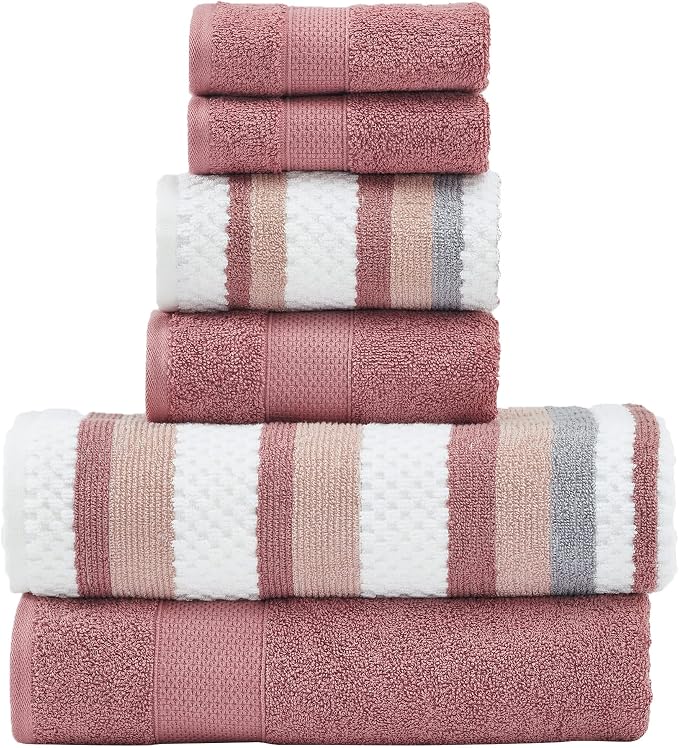 Modern Threads Pax 6-Piece Reversible Yarn Dyed Jacquard Towel Set - Bath Towels, Hand Towels, & Washcloths - Super Absorbent & Quick Dry - 100% Combed Cotton, Rosewood
