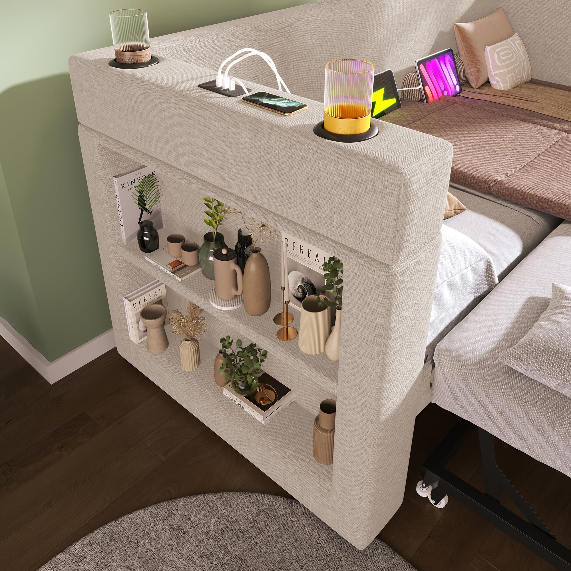 Cama de día multifunción para jóvenes, 90 x 190 cm, cama nido con puertos USB Type-C y USB y soporte para bebidas, cama infantil, cama tapizada, cama plegable, cama de invitados, beige (sin