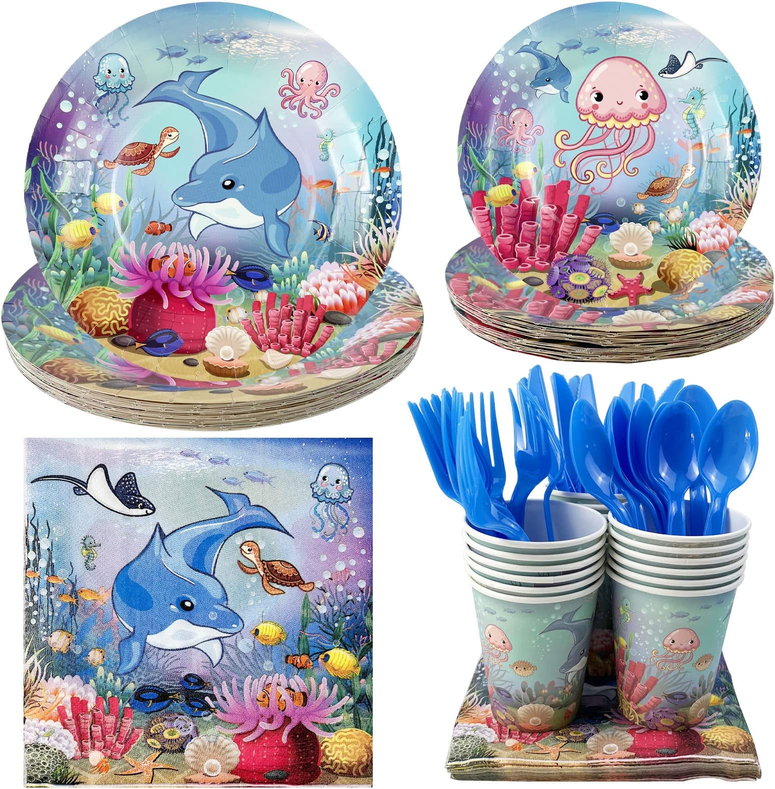 Ocean Sea Life Dolphin Fish Party Supplies - Serves 20 Guest Includes Plates Cups Napkins Fork Spoon and Knife for Underwater World Creatures Theme Birthday Baby Shower Parties Decoration