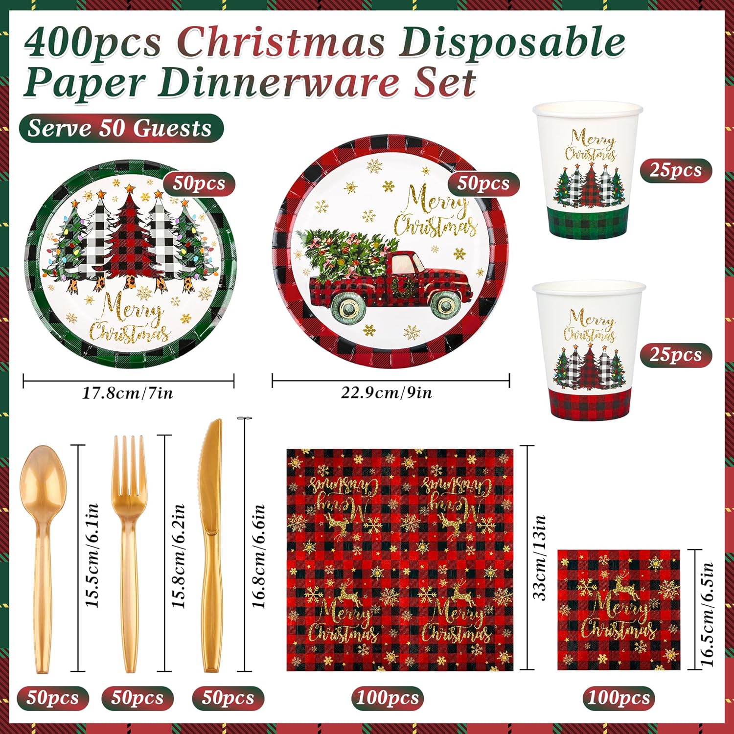 400 Pcs Christmas Paper Plates and Napkins Set, Merry Christmas Buffalo Plaid Disposable Dinnerware Set for 50 Guest, Xmas Tree Truck Paper Plates and Napkins Cup Knives Spoon Fork for Holiday Decor