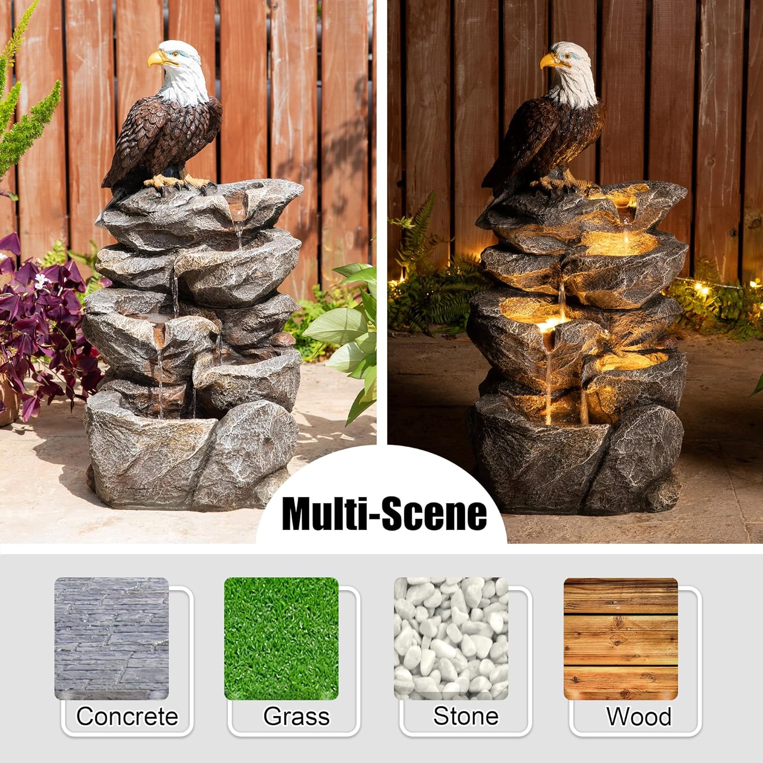 Glitzhome Outdoor Water Fountain with Lights, 4-Tiered Eagel Outdoor Fountain, 25.25" H Polyresin Decorative Waterfall Feature Garden Fountain with Pump for Garden, Patio, Yard, Deck, Porch Decor