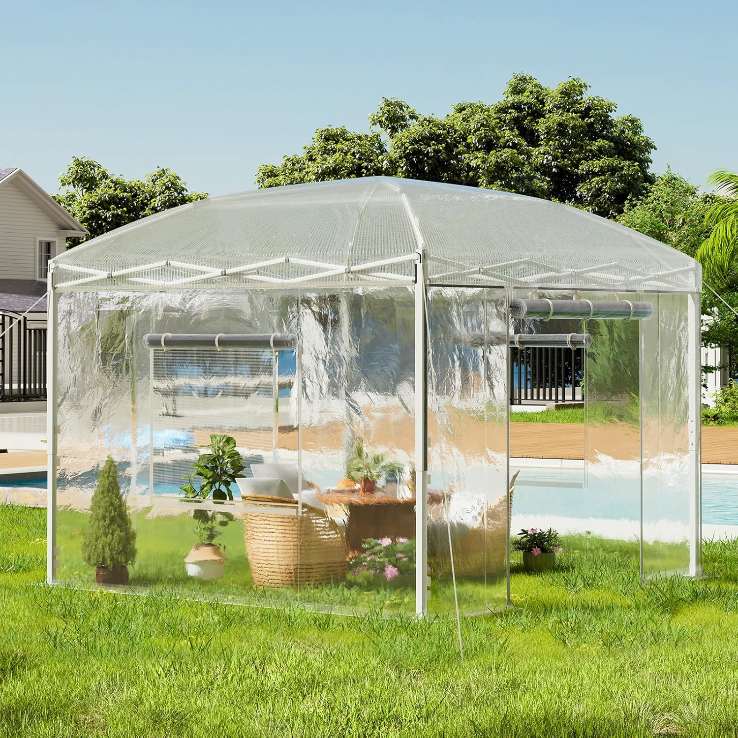 AMERLIFE 10×10×8.5 FT Pop-up Walk-in Greenhouse with Adjustable Reinforced Frame for Outdoors Indoor, Portable Greenhouse with 2 Roll-up Zipper Doors, Windows and PE Cover, White
