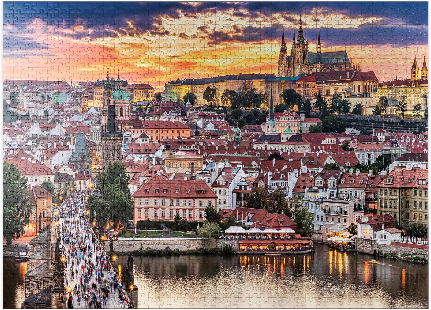 MyPuzzle Prague - Czech Republic - Sunset Or Sunrise View of Charles Bridge and Prague Castle Over Vltava River - Premium 1000 Piece Jigsaw Puzzle for Adults