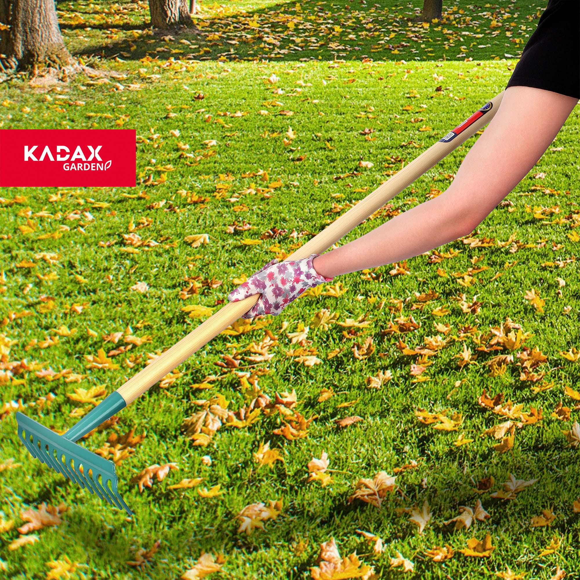 Kadax Rastrello Da Giardino In Metallo Con Manico In Legno – Larghezza 41 Cm, 16 Denti, Per Foglie E Prato, 137 Cm Di Lunghezza