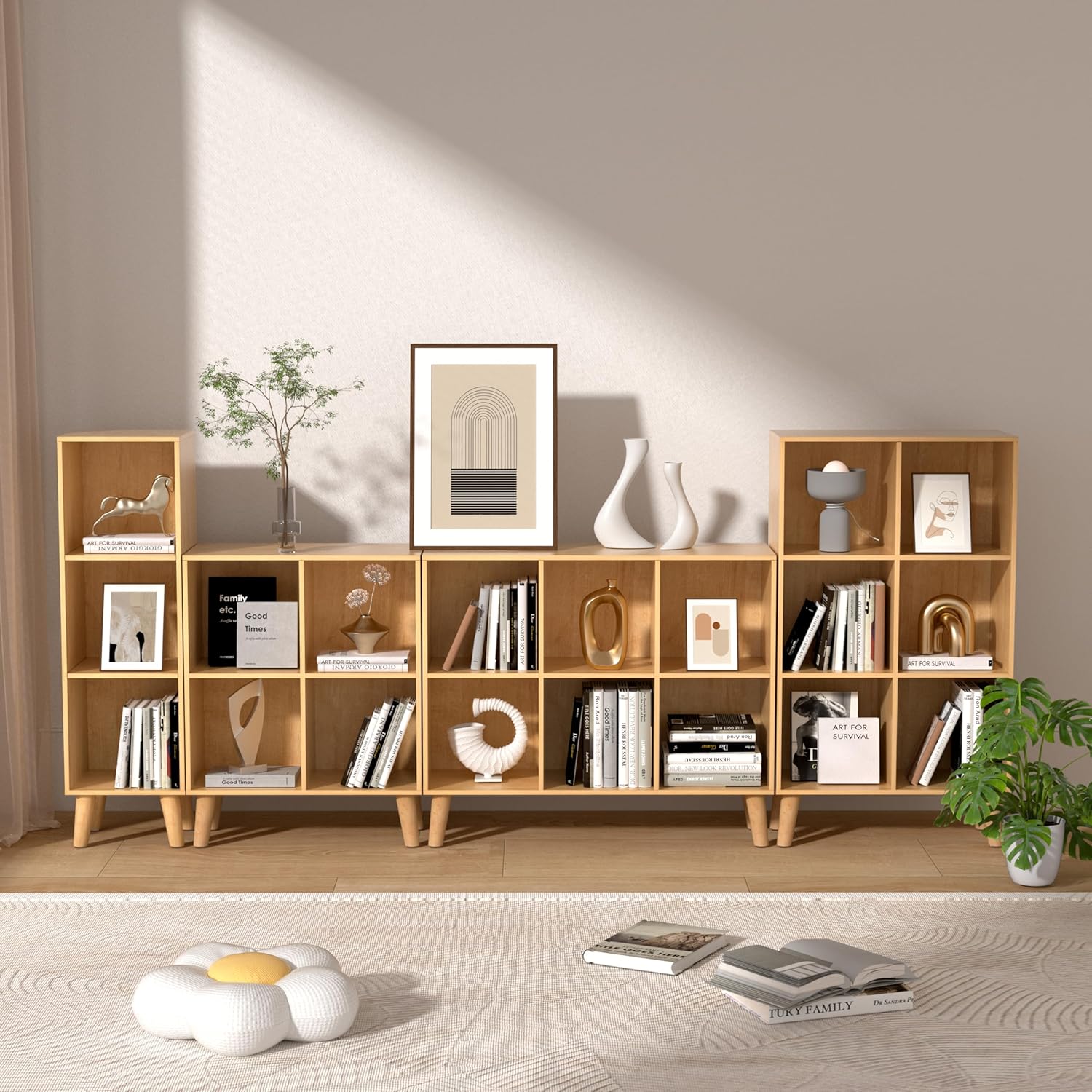 4 Cube Storage Organizer with Legs, 2 Tier Cube Low Bookcase Freestanding Storage Display Organizer for Home Office, Four-Cubes Open Shelf Short Bookshelf (Natural Oak, 4 Cube) - Image 6