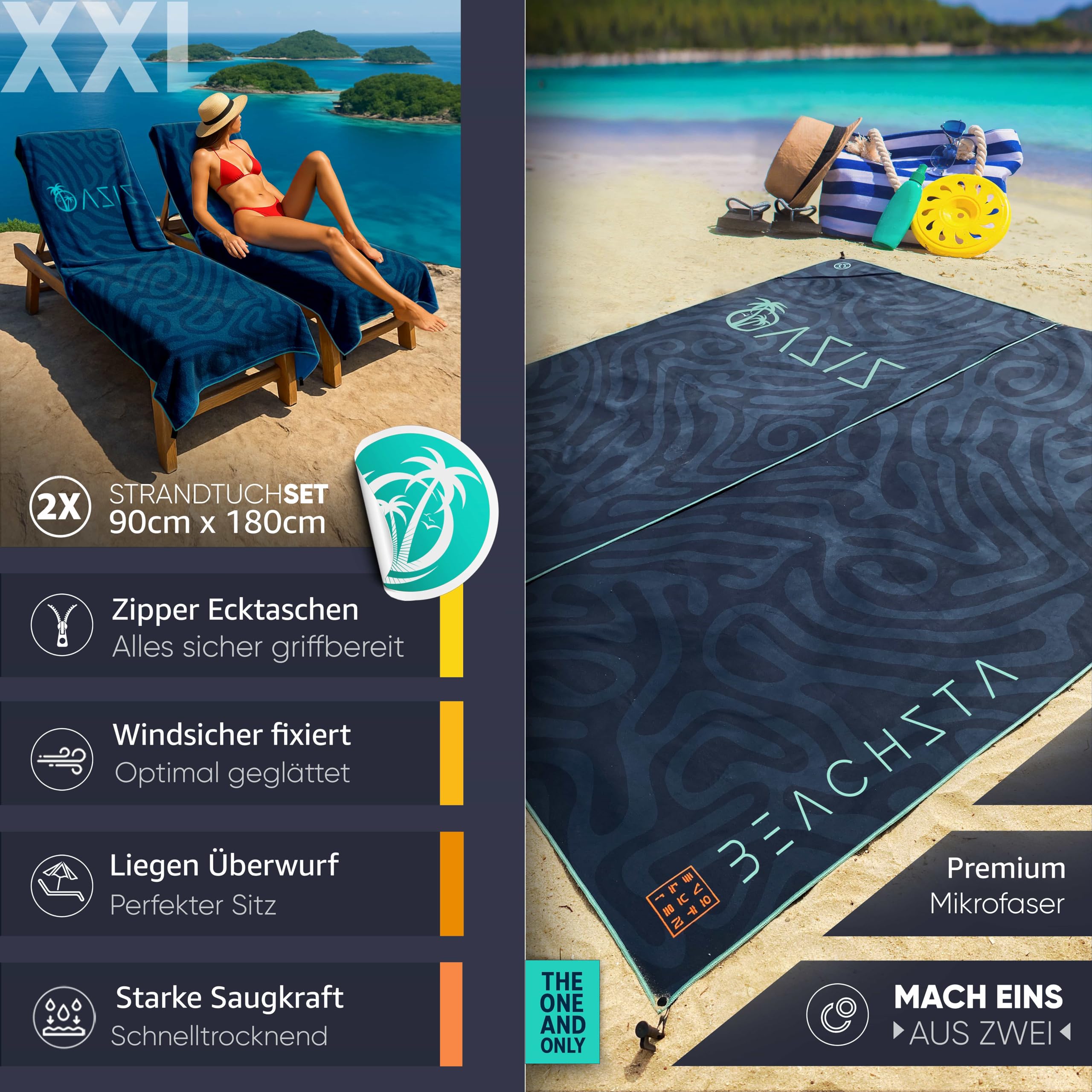 ESSENZZ Beachsta - Innovatives Mikrofaser Badetuch groß / 2X Strandtücher - 2er Set Badehandtuch groß 90x180 = Strandtuch XXL 170x180 Stranddecke Strandmatte