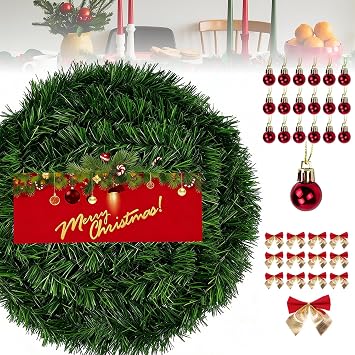 49FT/15M Christmas Garland with 45Pcs Christmas Bows 45Pcs Christmas balls Decoration Artificial Pine Garland for Outdoor Indoor Christmas Home Garden Holiday Wedding Party Stairs Fireplace
