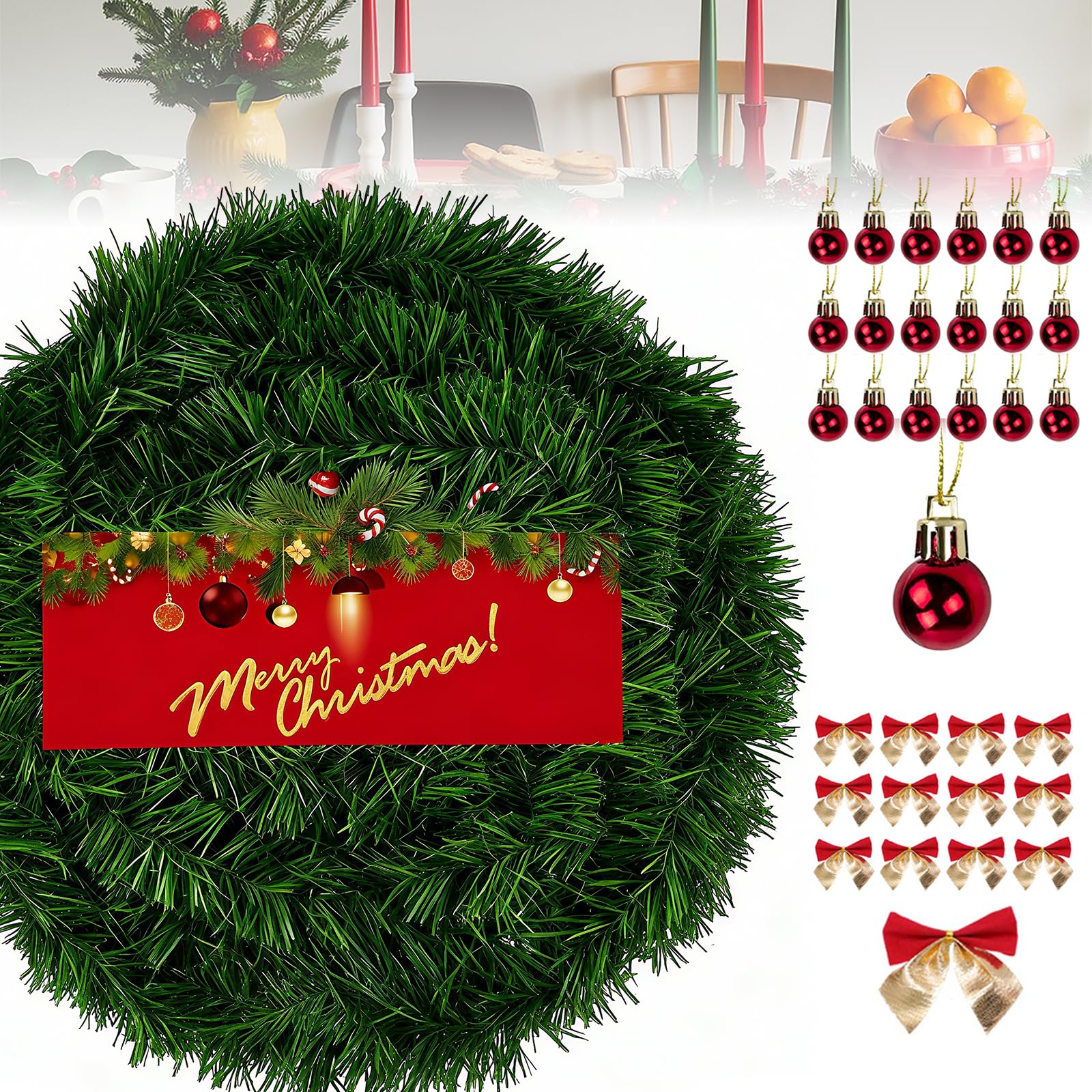 15 m lange Weihnachtsgirlande mit 45 Weihnachtsschleifen, 45 Weihnachtskugeln, Dekoration, künstliche Kieferngirlande für den Innen- und Außenbereich, Haus, Garten, Urlaub, Hochzeit, Party