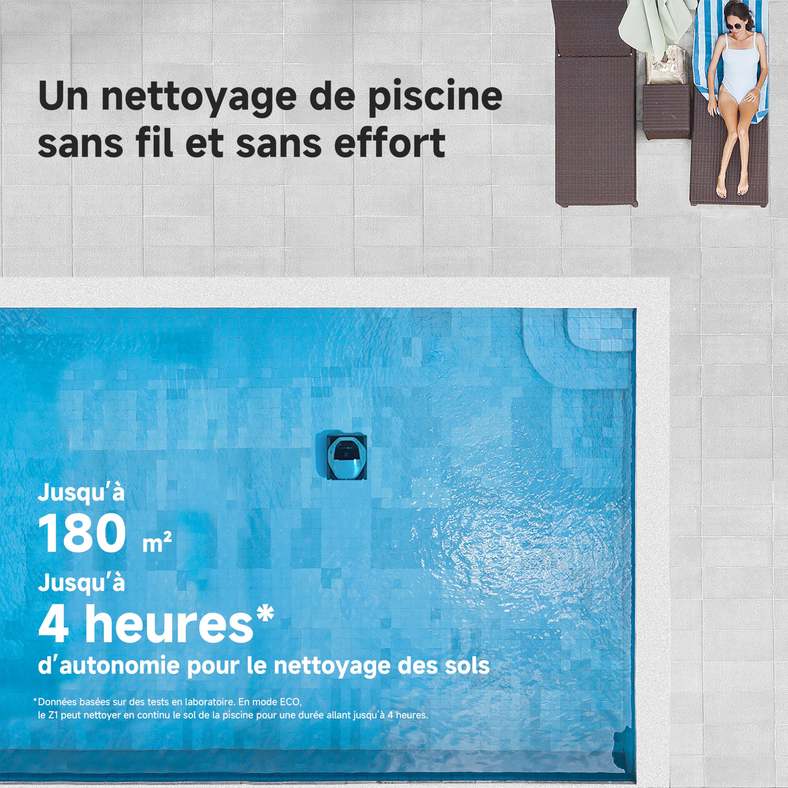DREAME Z1 Robot Piscine sans Fil, Puissance d'Aspiration 30 000 LPH, Nettoyage du Fond, Parois et Ligne d'eau, 240 Min, Jusqu'à 180 m²