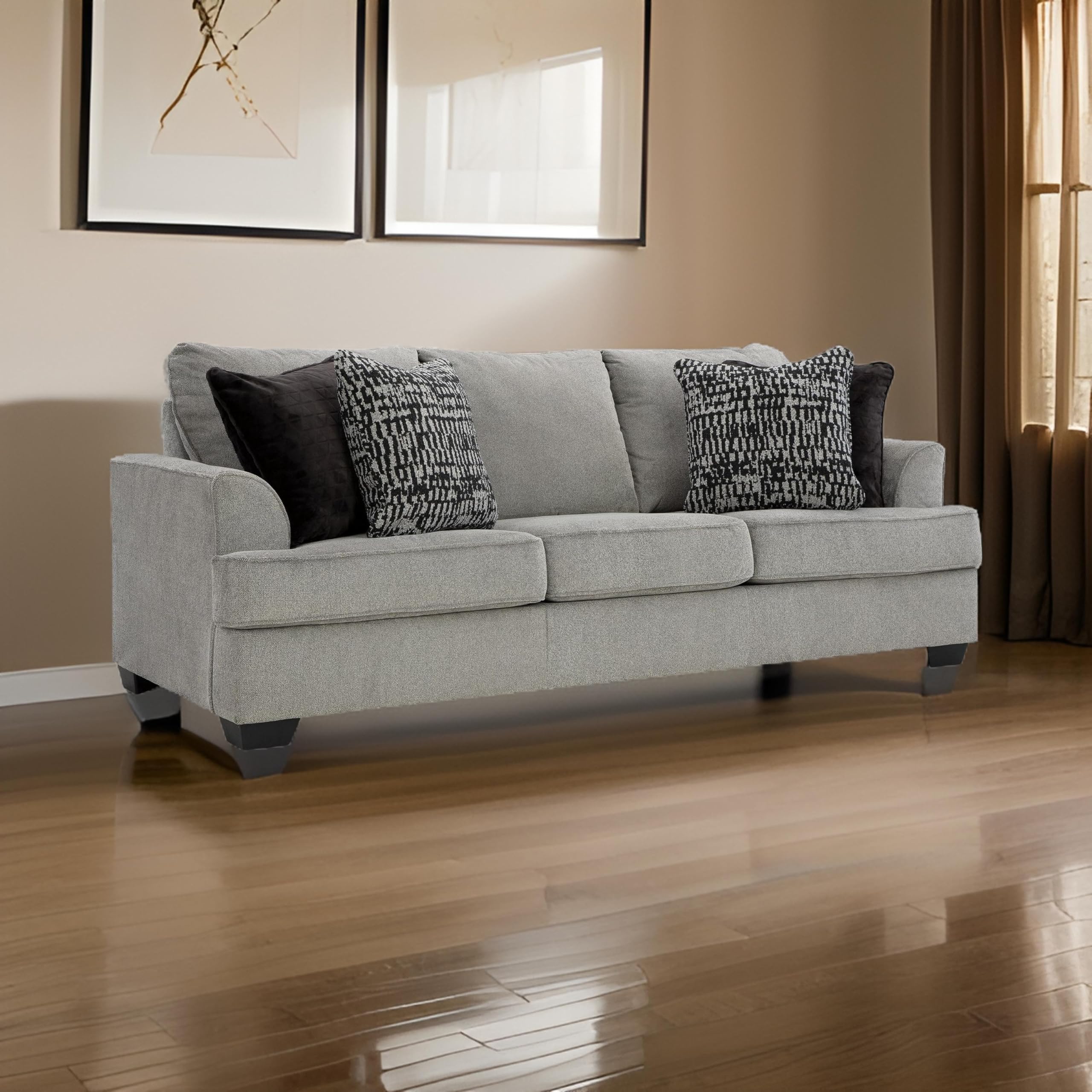 Benjara Angel 93 Inch Sofa with 4 Accent Throw Pillows, Soft Dark Polyester, Gray, Black and White