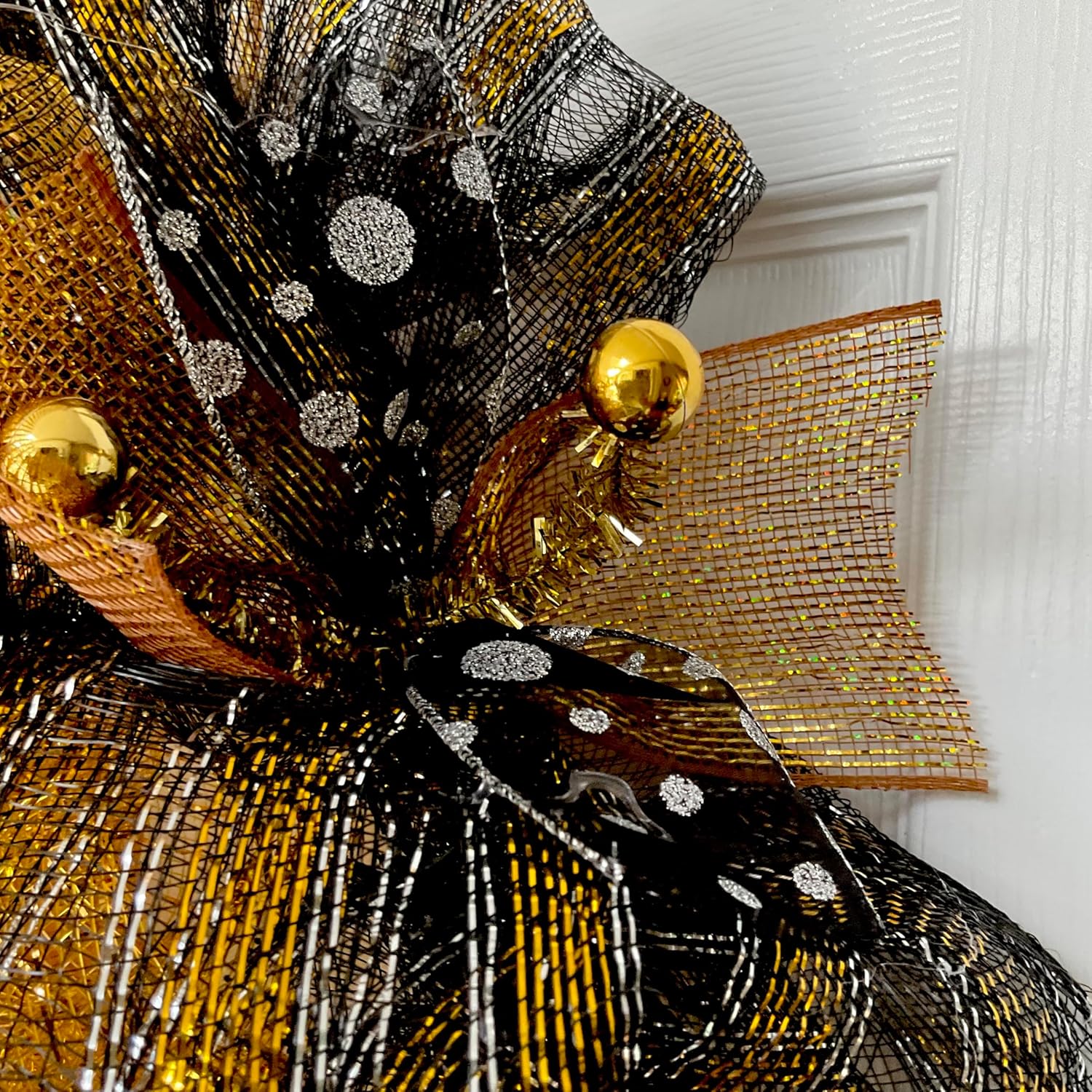 Luxury Handmade Mardi Gras Deco Mesh Wreath – “Fleur de Lis Black and Gold” Front Door Decor, 24" or 28"