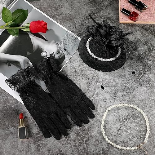 Miniatura 7 de Hicarer Tocado de los años 50 para mujer, sombrero de velo funerario, pastillero, cóctel, fiesta de té, tocado y guante de encaje, collar de perlas