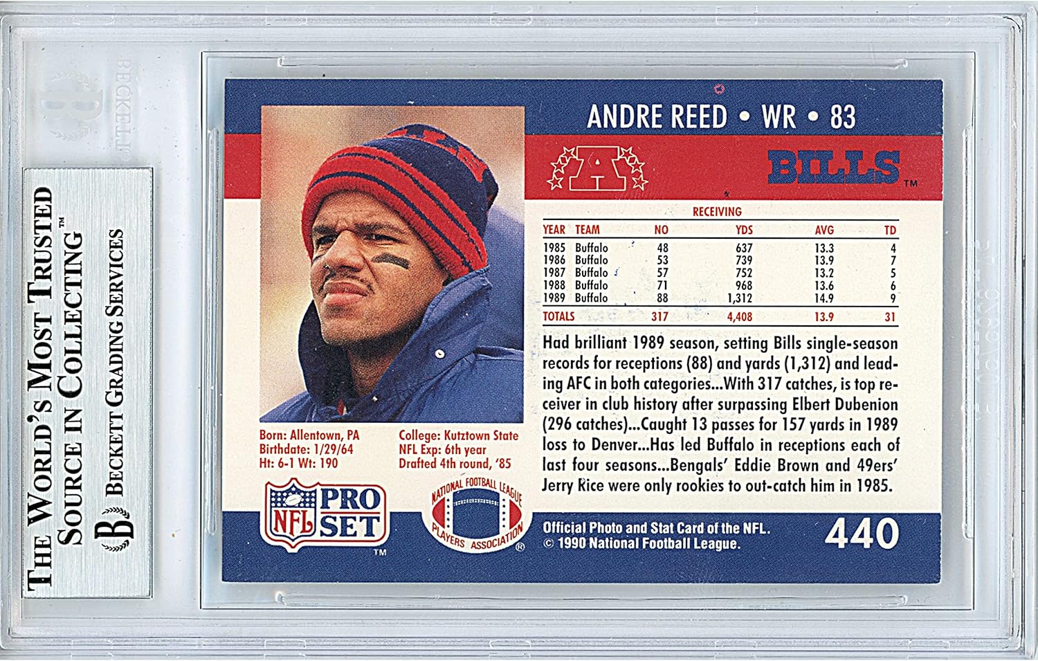 Andre Reed Autographed 1990 Pro Set #440 Football Trading Card Slab Beckett BAS Authentic Slabbed COA Played For Buffalo Bills NFL