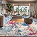 Distressed Abstract Watercolor Area Rug, Non-Shedding Multicolor Carpet for Living Room or Open Apartment Layout, 6'6