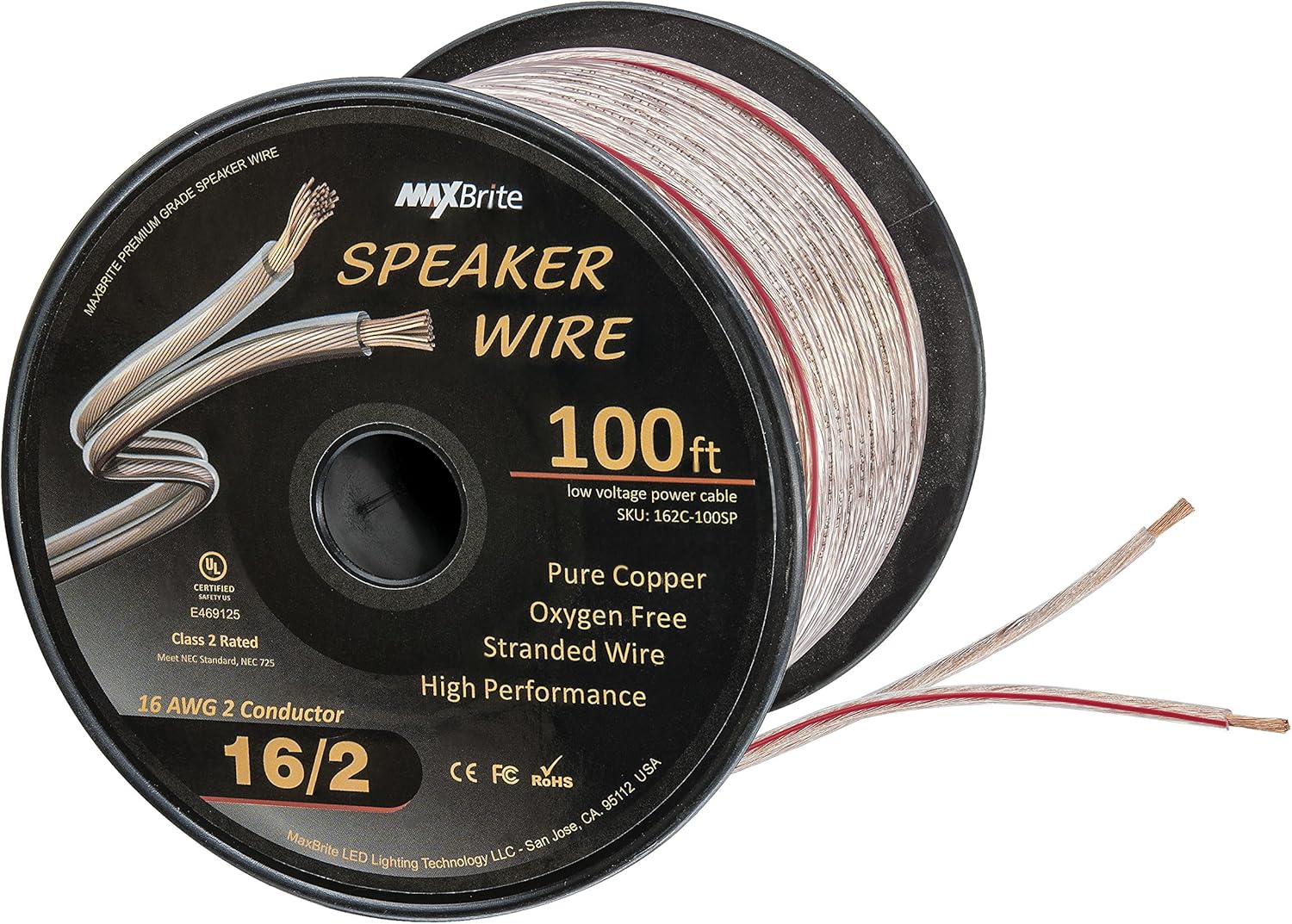100 ft. Spool High Performance 16 Gauge Speaker Wire, Oxygen Free Pure Copper - UL Listed Class 2