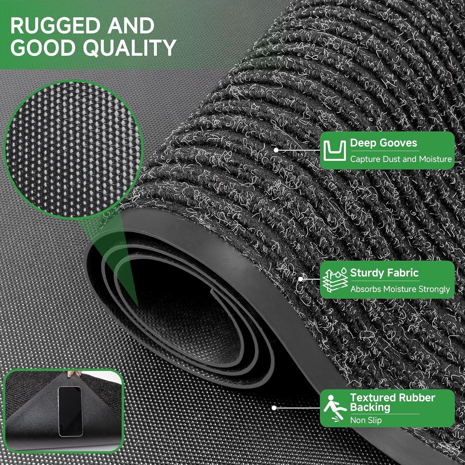 Front Door Mat, Heavy Duty Indoor Outdoor Doormat for Entryway, 60" x 36" Low Profile Outdoor Mats for Home Entrance, Stain and Fade Resistant Welcome Mat for High Traffic Area, Black