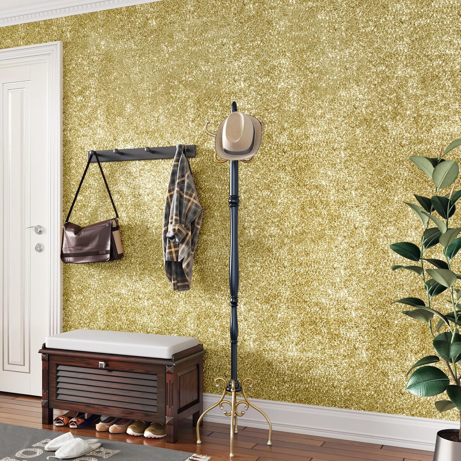 Gold Glitter Wallpaper 17.7"x315" Glitter Contact Paper for Walls Self Adhesive Glisten Peel and Stick Wallpaper Removable Gold Wallpapers for Bedroom Bathroom Cabinets Dresser